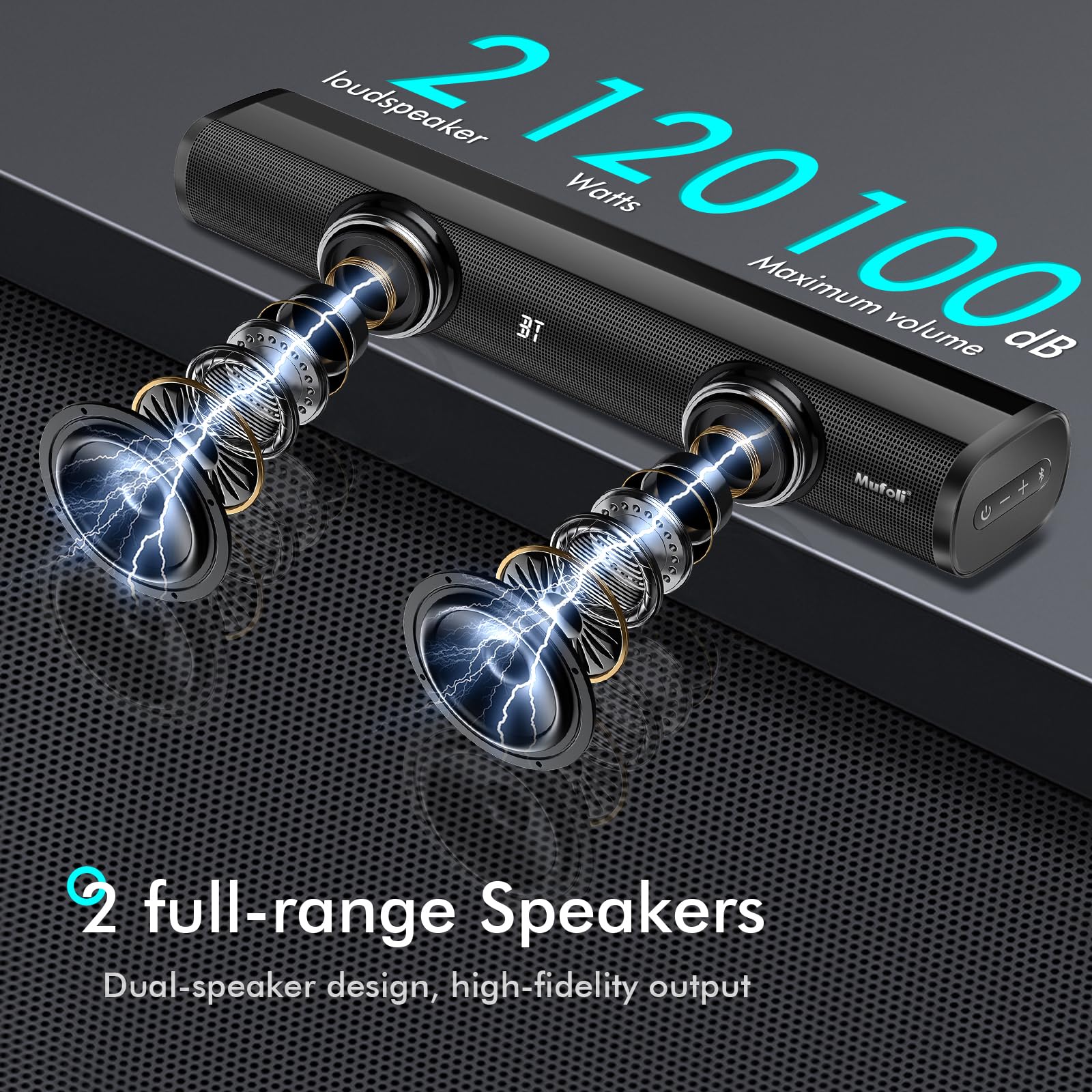 Sound Bars for TV with Subwoofer 2.1 CH 120W Soundbar for TV, for PC, Gaming, Surround Sound System TV Sound Bar Speakers, Home Theater with Bluetooth, HDMI, AUX, USB, Opt Connection, 16 Inch, MF604S