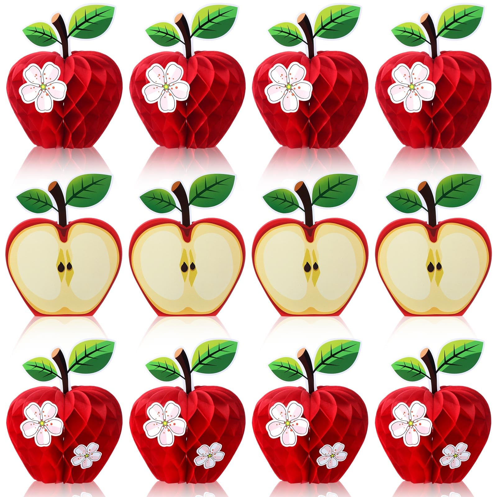 Fourluoo 12 Pcs Large Red Apple Honeycomb Centerpieces 5.5 x 7.9 Inch Paper Apple Hanging Decoration 3D Table Decor for Classroom Back to School Decoration