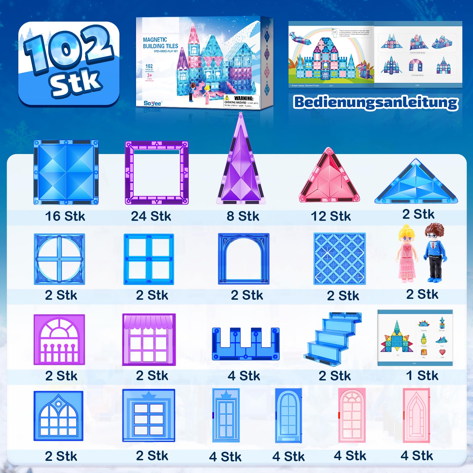Soyee 102 Stück Magnetische Bausteine mit 2 Puppen 2 Treppen Magnetbausteine Prinzessin Magnetspiel ab 3 4 5 6 7 8 Jahre Magnete Kinderspielzeug STEM Sensorik Montessori Geschenk für Mädchen Jungen