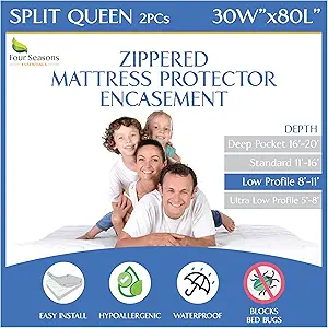 Split Queen Mattress/Box Spring Encasement 30" x 80" (2PCs) - Waterproof Zippered Protector Premium Quality Hypoallergenic Bed Cover Protects Against Dust - Breathable Smooth Fabric