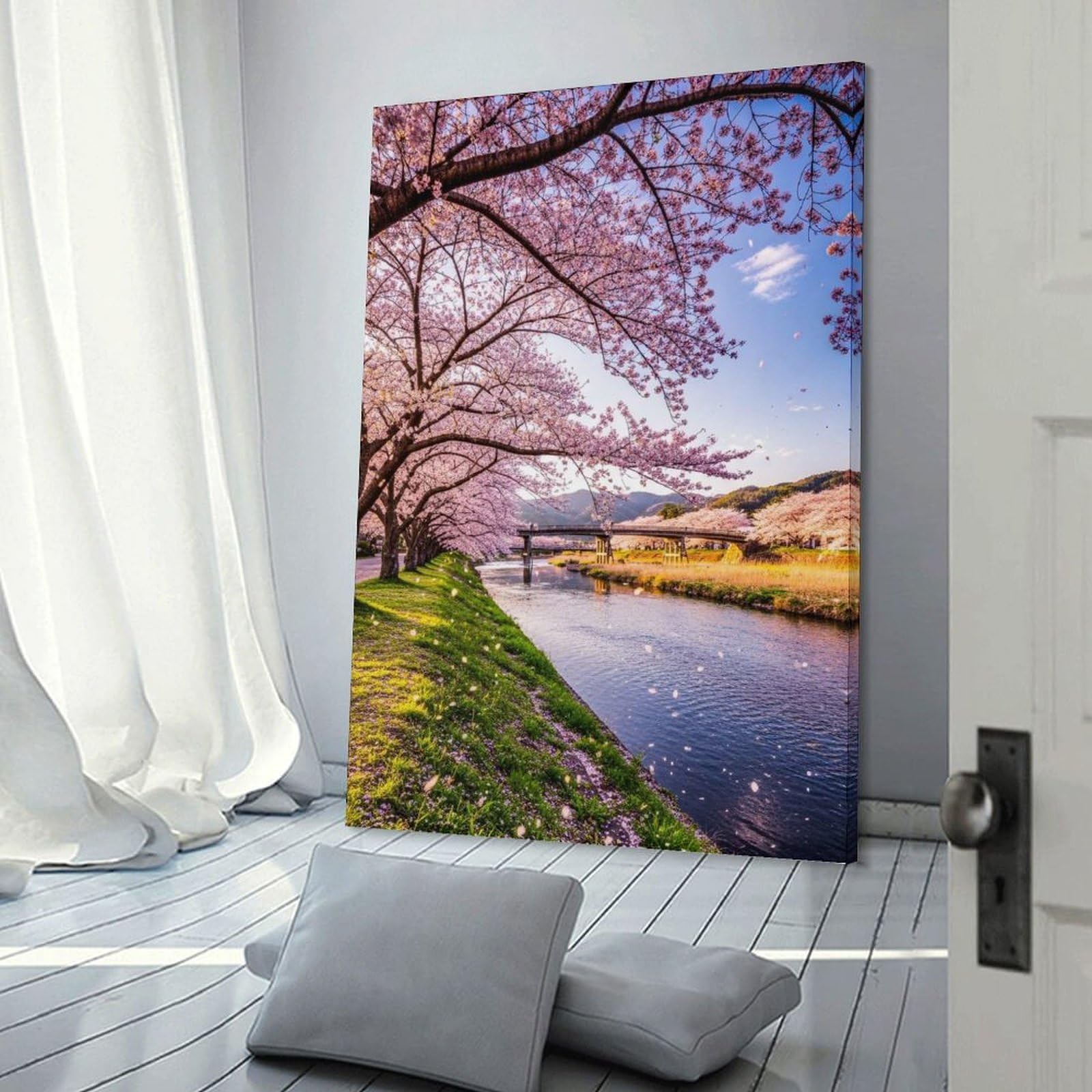 Junmoney Frame-Style-19 Cherry Blossoms River Landscape Wall Picture Print, 16X24inch(40X60cm), For Art Walls, Layered Displays Or Homes, Home Wall Art For Statement Displays