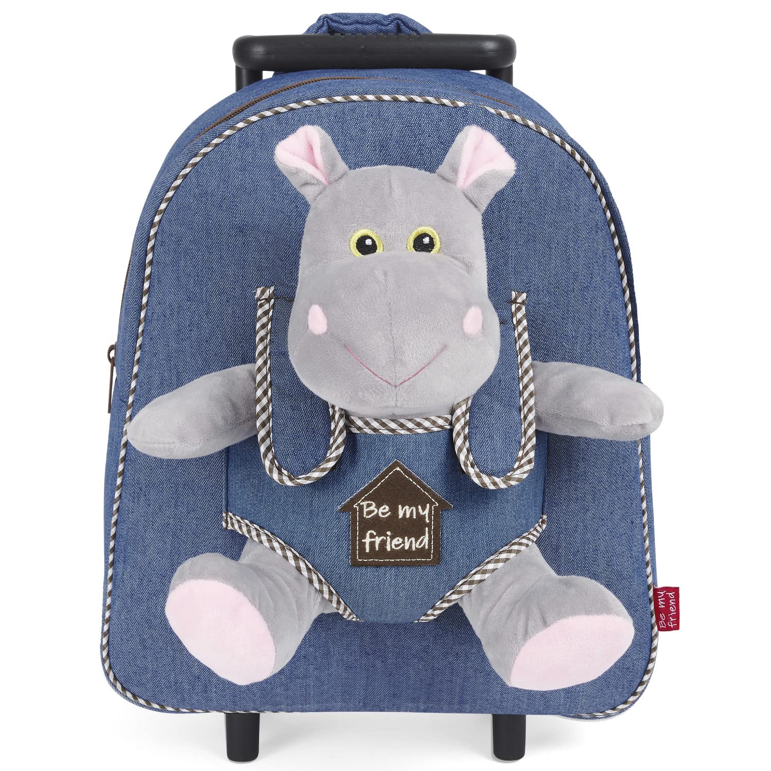 PERLETTI Sac à Roulette Scolaire Maternelle et Peluche Douce pour Enfant 3 4 5 Ans - Mini Sac à Dos avec Roues et Animal Doudou Amovible pour Fille Garçon - Sacoche Garderie avec Jouet - 29x32x11 cm