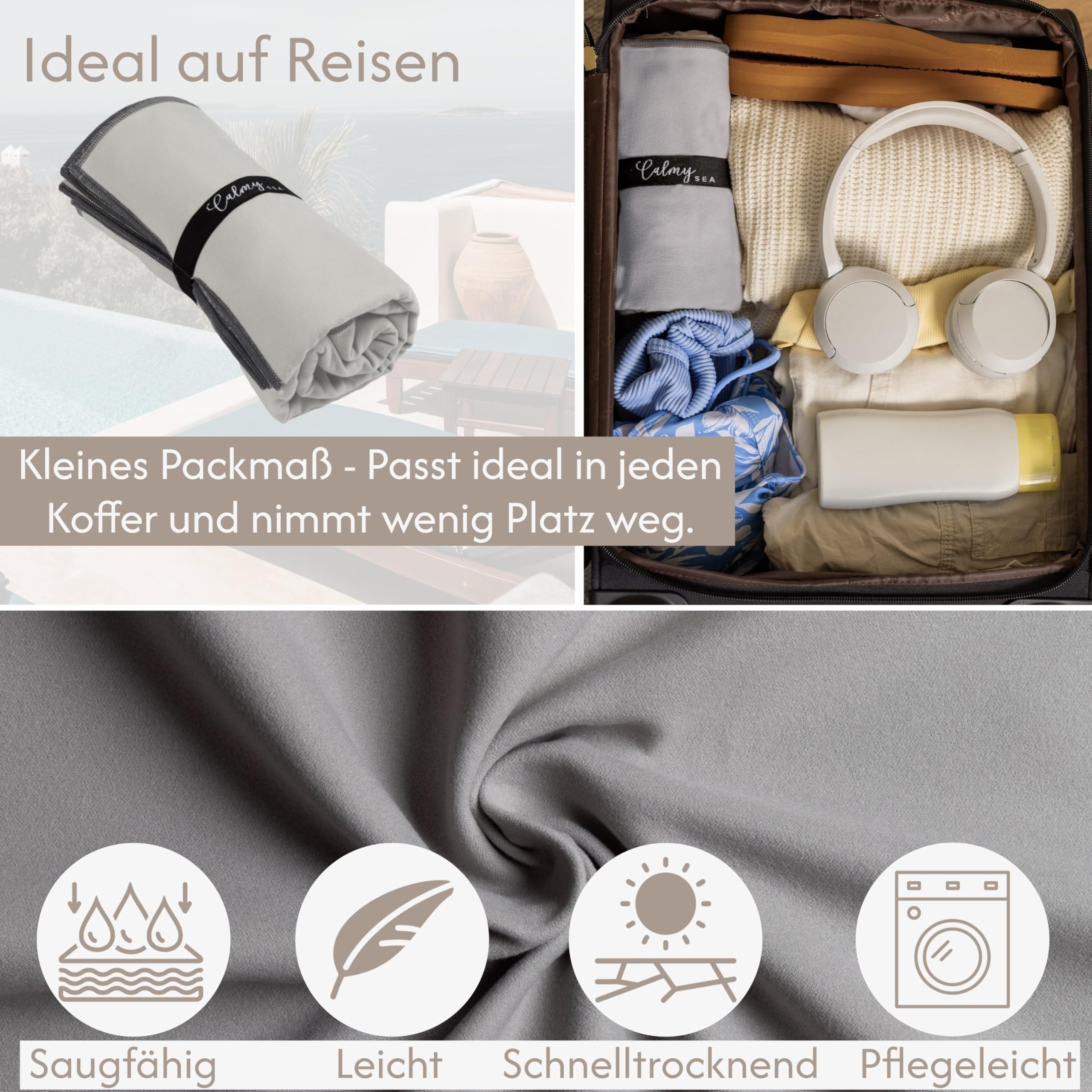 2X Handtuch für Sonnenliege - 200x75cm mit Kapuze Microfaser Light Weight Schonbezug für Gartenliege Handtücher mit Umschlag Liegestuhl Bezug Strandliege (Hellgrau, 2 Stück)