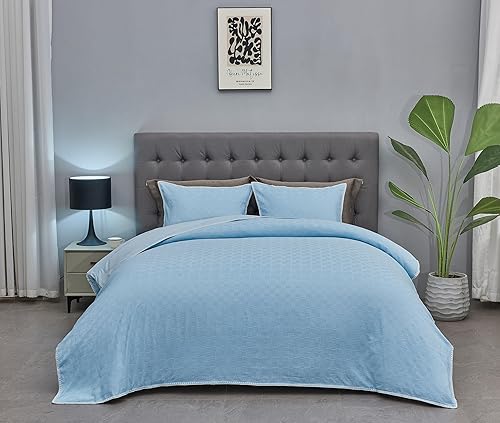 Miniatura 2 de ENJOHOS Juego de funda de edredón azul de tamaño individual con textura, funda de edredón de gofre tejida con hilos de seda suaves, juego de funda