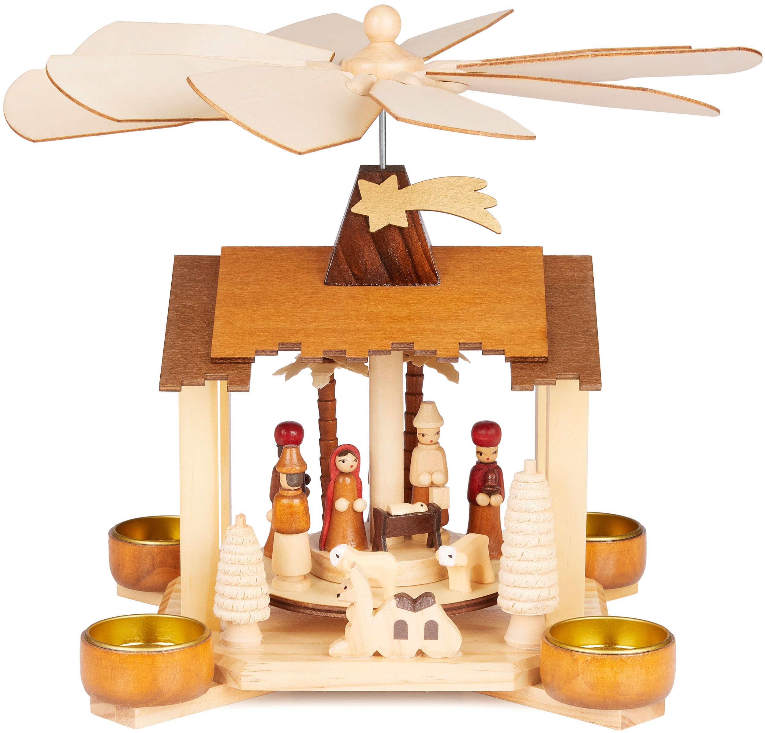 BRUBAKER Pirámide Navideña de Madera - 28 cm Estructura Artesanal con Jesús, María, José y la Estrella de Belén - Belén con 4 Luces para Las Fiestas - Pintado a Mano