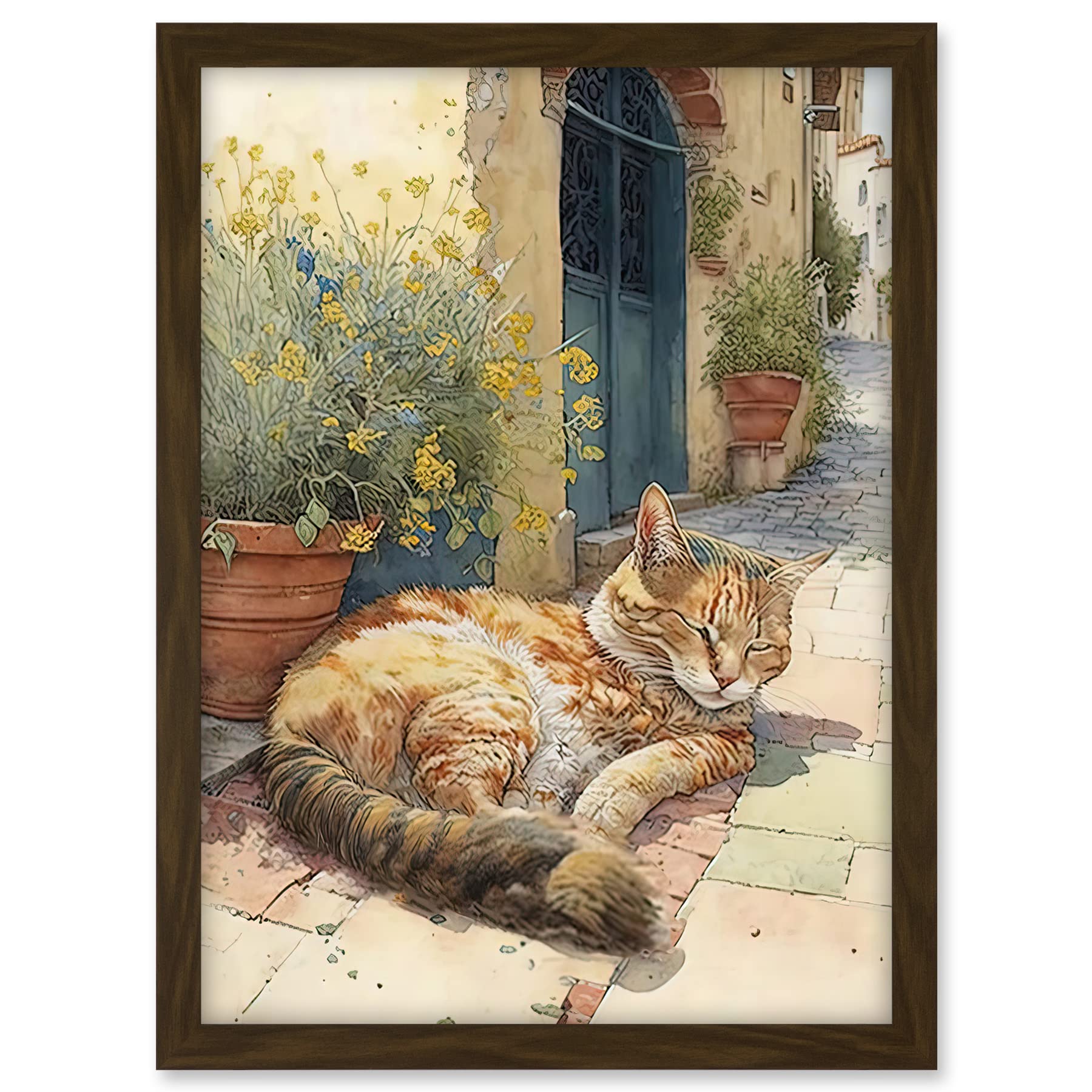 Artery8 Cat Sunbathing in Mediterranean Village Street Watercolour Illustration Artwork Framed A3 Wall Art Print