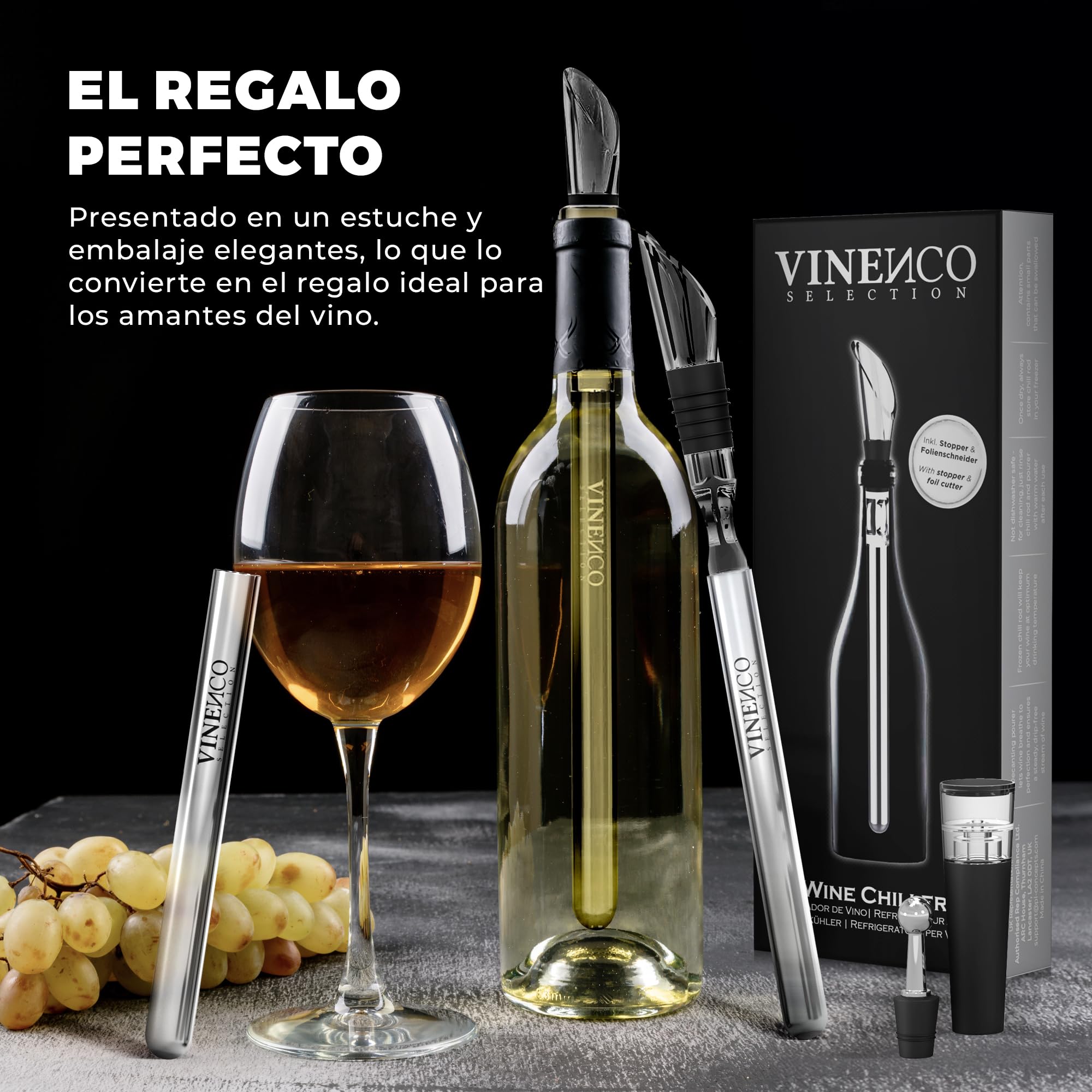 Enfriador de Botellas de Vino Blanco, 3 en 1 Kit: Juego de Refrigeración (Acero) de Calidad + Tapón–Decantador + Aireador | Accesorios Bar, Idea Regalo Mujer Hombre Cumpleaños Fiesta Amigo Barman