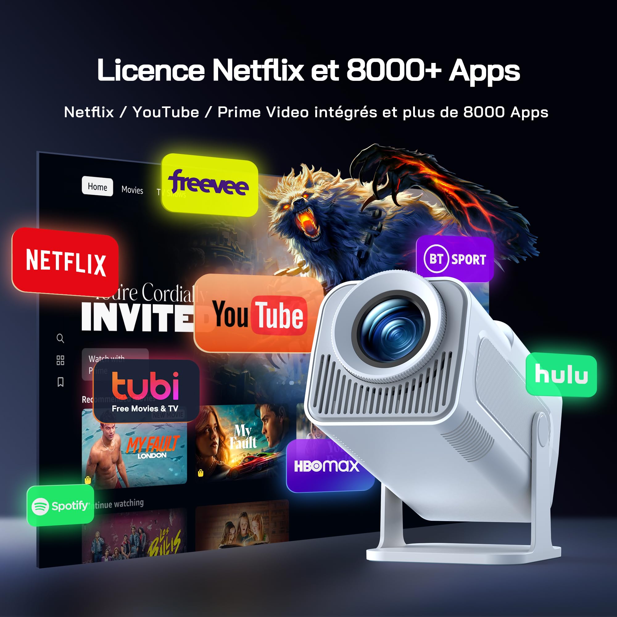 WOLFANG 4K Videoprojecteur【Application Intégrée/Netflix Officiel】, 26000 Lumen Retroprojecteur avec WiFi 6, Zoom 50%, 180° Rotation Mini Projecteur pour Home Cinema/TV Stick/iOS/Android/PC/PS5/HDMI/AV