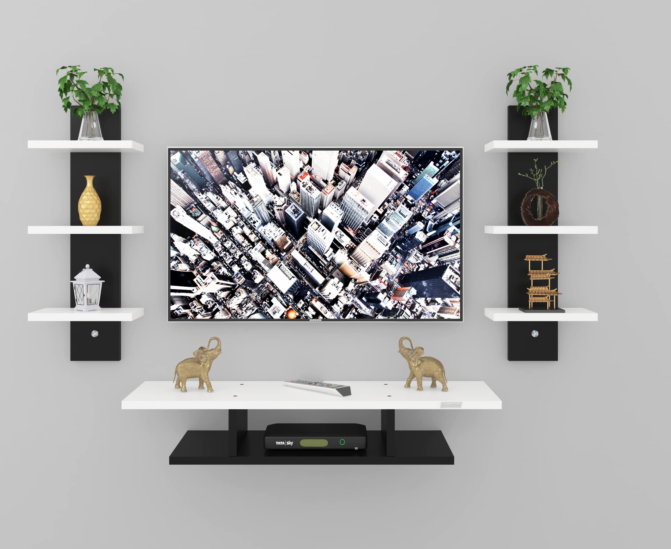 R2H Gallery Floating TV Stand with Power Outlet 32", Modern Wall Mounted Media Console Shelf Cabinet for Under TV Storage, Entertainment Center, Living Room, Bedroom(Black & White)