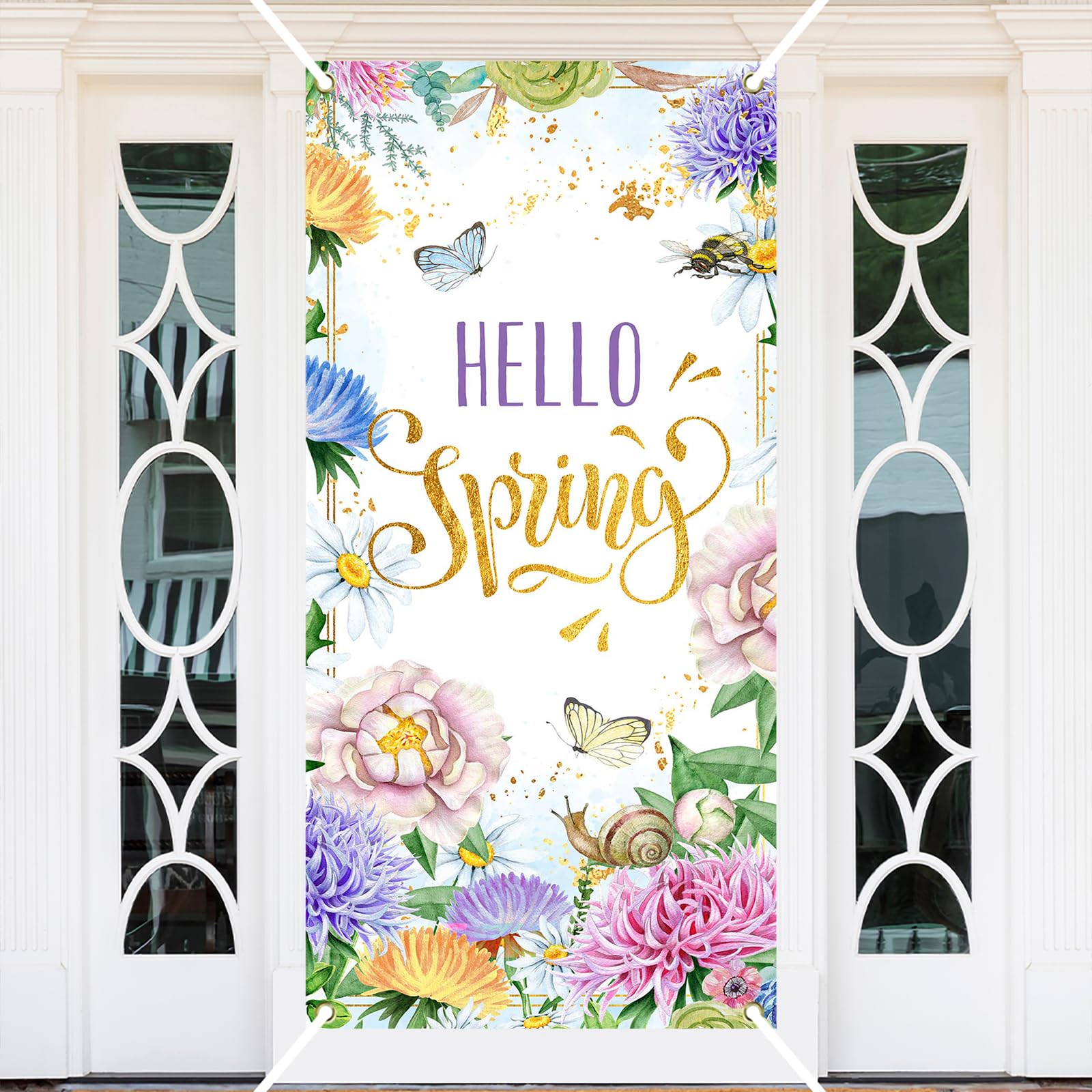 Ticuenicoa Hello Spring Door Cover Banner, Watercolor Floral and Butterfly for Spring Decorations,Seasonal Decor Banner Hanging Backdrop Sign & Photo