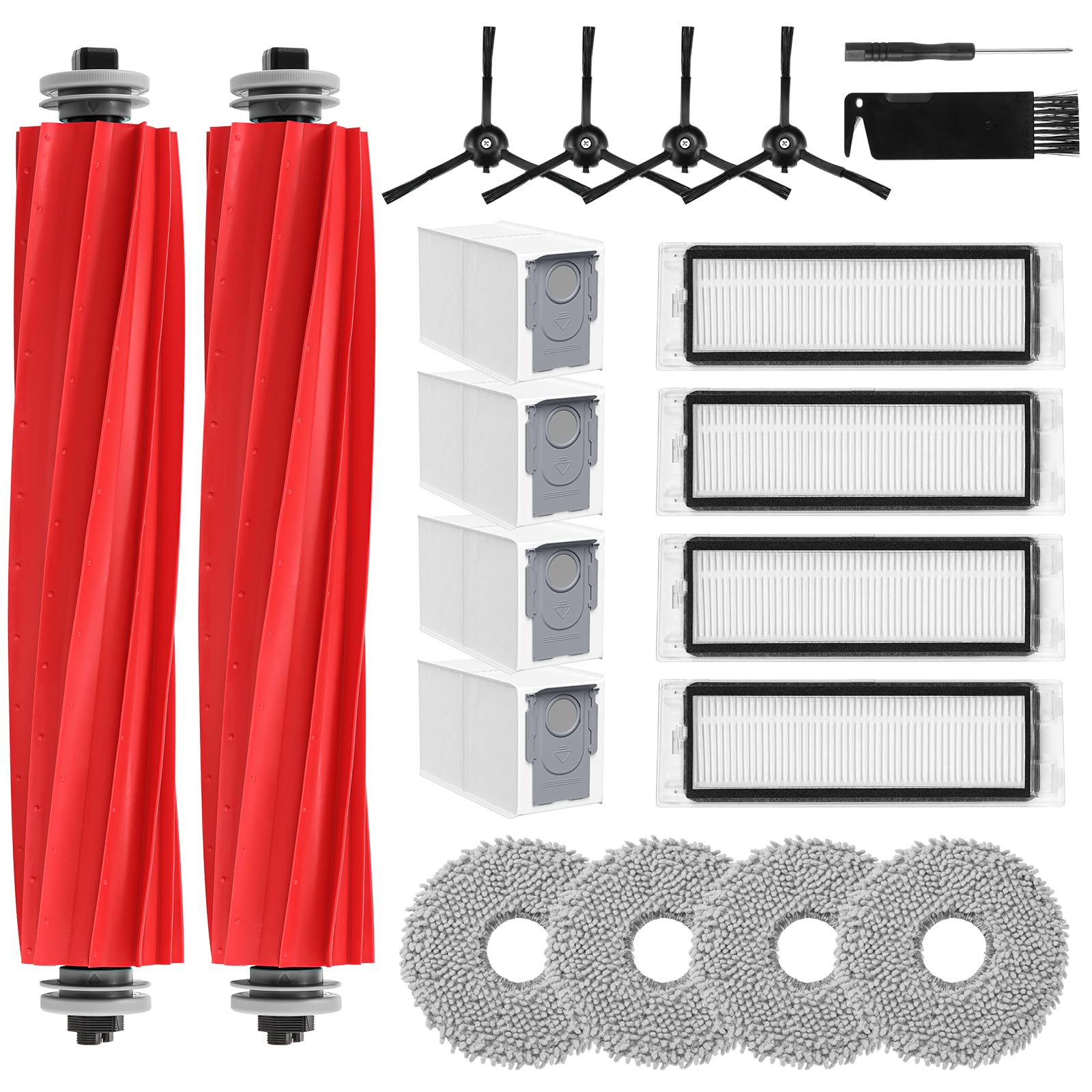 20pcs Q Revo Zubehör kompatibel mit Roborock Q Revo Rboter-Staubsauger, 2 Rollenbürste, 4 HEPA-Filter, 4 Staubbeutel, 4 Mikrofaser-Pads, 4 Seitenbürsten, 1 Schraubendreher