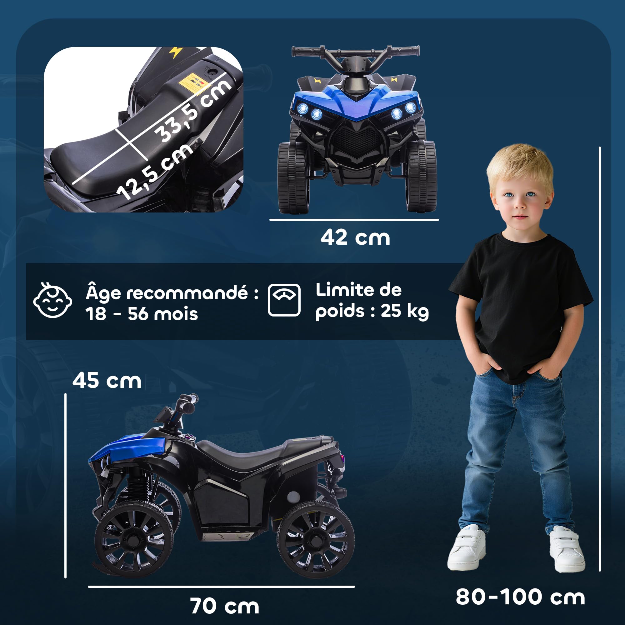AIYAPLAY Quad Électrique Enfant 6V Musique LED 4 Roues 18-56 Mois Bleu