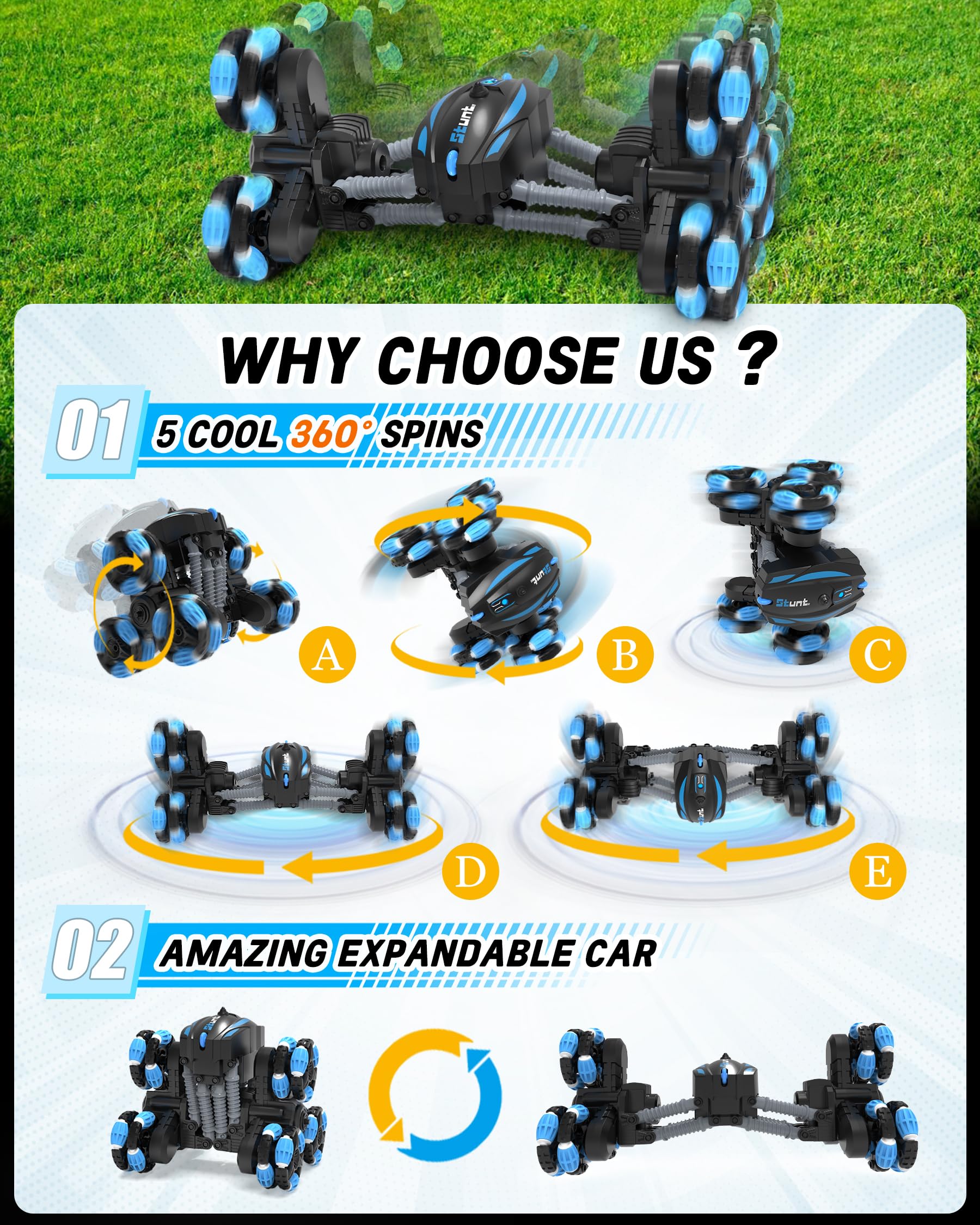 Remote Control Car, RC Transform Stunt Car 360° Flips Rotating, Drift, 90° Upright Driving RC Stunt Truck with Headlight All Terrain Toys for Ages 5-12 Kids Gifts