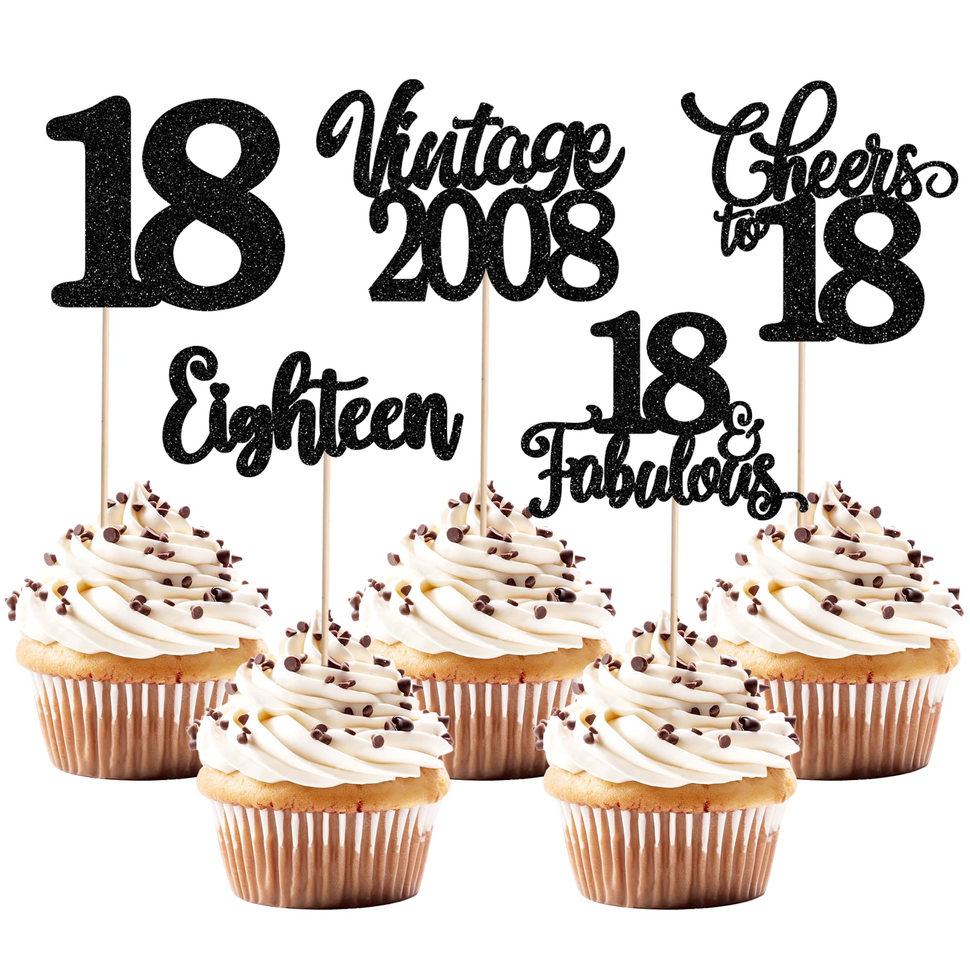SYKYCTCY 30 Pack 18th Birthday Cupcake Toppers Glitter Eighteen Hello 18 Cupcake Picks Cheers to 18 Fabulous Vintage 2008 Cake Decorations for Happy 18th Birthday Wedding Anniversary Party Supplies — image 1