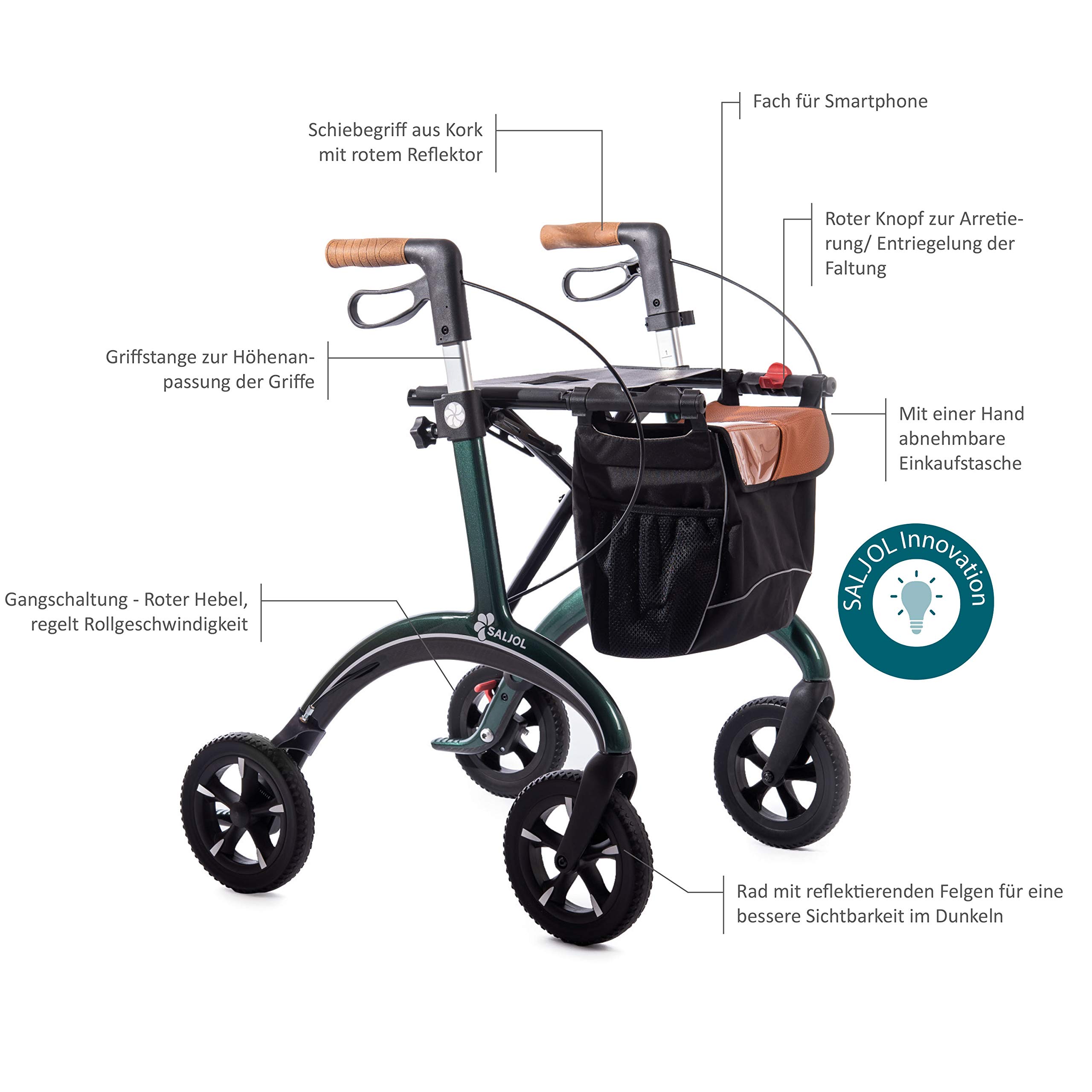 Premium Rollator aus Carbon von Saljol, schicker Reisebegleiter mit Weich-Reifen, zuschaltbare Schleifbremse, 5.8kg leicht, midnight blue