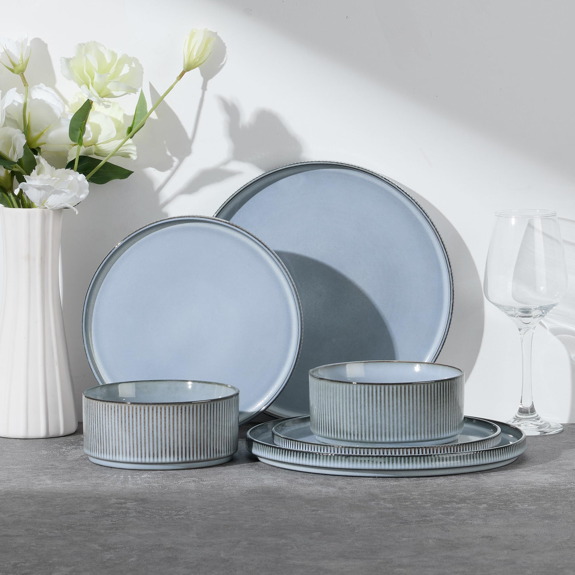 E-far Stoneware Dinnerware Sets for 2, 6-Piece Plates and Bowls Sets, Chip &amp; Scratch Resistant Ribbed Dish Set for Home Restaurant, Microwave &amp; Dishwasher Safe, Dusty Blue