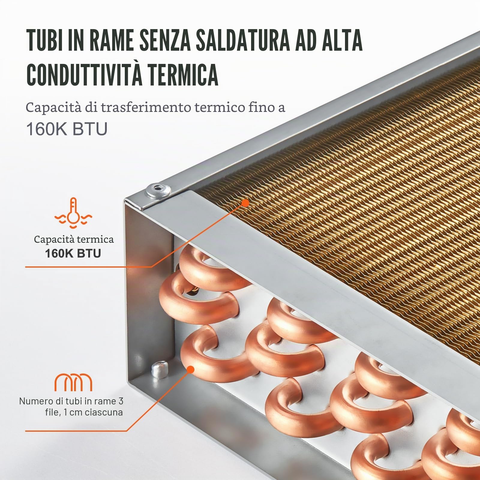 VEVOR Scambiatore di Calore Acqua-Aria, con Alette in Alluminio 242 per Forni a Legna Esterno, Riscaldamento e Raffreddamento Residenziale ad Aria Forzata Porte Rame 3 File 9,53 mm 50,8 x 50,8 cm