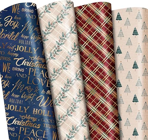 FIEHALA Hojas planas de papel de regalo de Navidad, 12 hojas con 4 patrones rojos y azules, diseño plano precortado y plegado (20 x 27.5 pulgadas