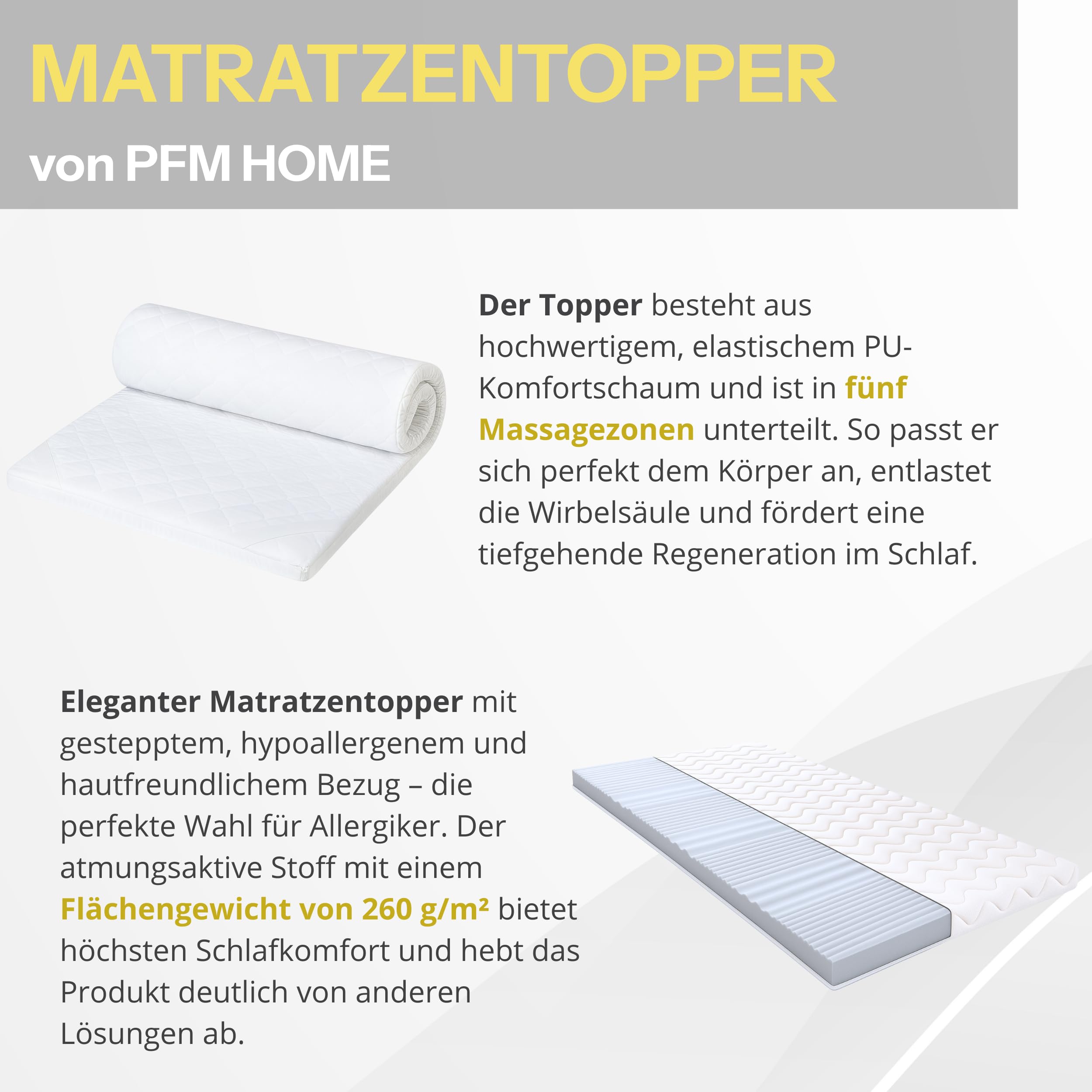 Surmatelas 130 x 190 cm – 6 cm de haut avec massage Ergo 5 zones + housse hypoallergénique – Respirant