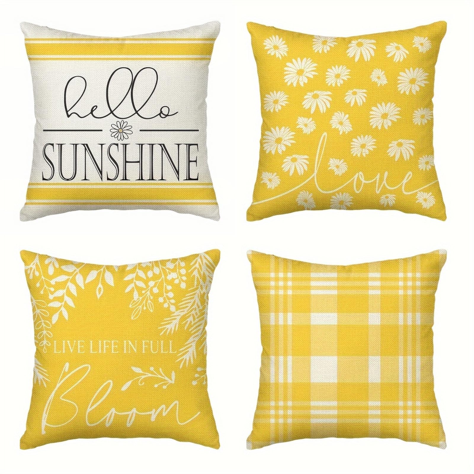 SYOSI Throw Pillow Covers Hello Sunshine Featuring Live Life in Full Bloom Sweet Summer Time Designs, Decorative Cushion Cases for Home, Sofa, Car, Outdoor Summer Decorations 18x18, Set of 4
