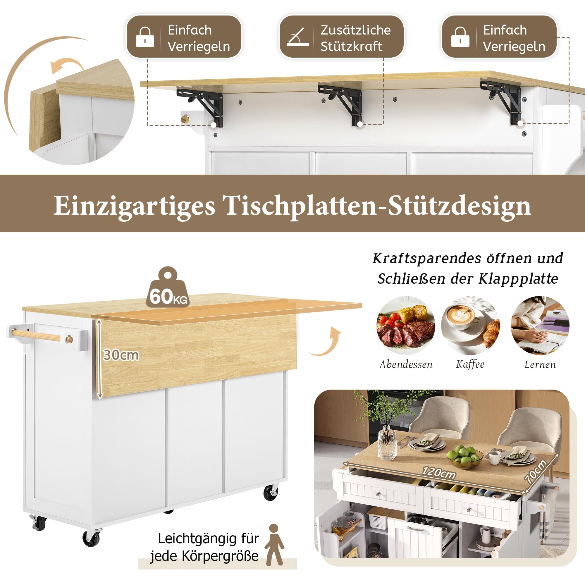 Mobile Kücheninsel Küchenschrank mit Klappbare Arbeitsplatte und Schubladen, Buffetschrank Küchenwagen mit Rollen und Regal, Küchenbuffet, Küchenmöbel, Schrank Weiß, 139.5x40-70x92 cm