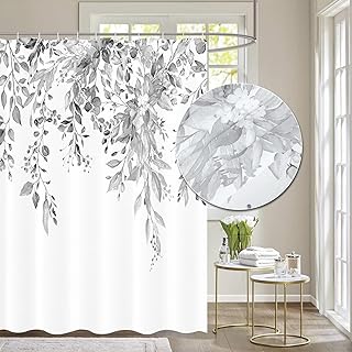 Tititex Grey Leaves Faux Linen Textured Shower Curtain, Watercolor Eucalyptus On The Top Plant Bathroom Decoration Shower Curtain Sets 72x72 Inch with Hooks