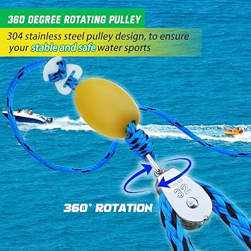 Self Centering Boat Tow Harness for Tubing, Boat Tow Rope Harness with Pulley and Large Hooks for Towing 1-4 Riders Towable Tubes, Pulling Water Skiing, Wakeboarding