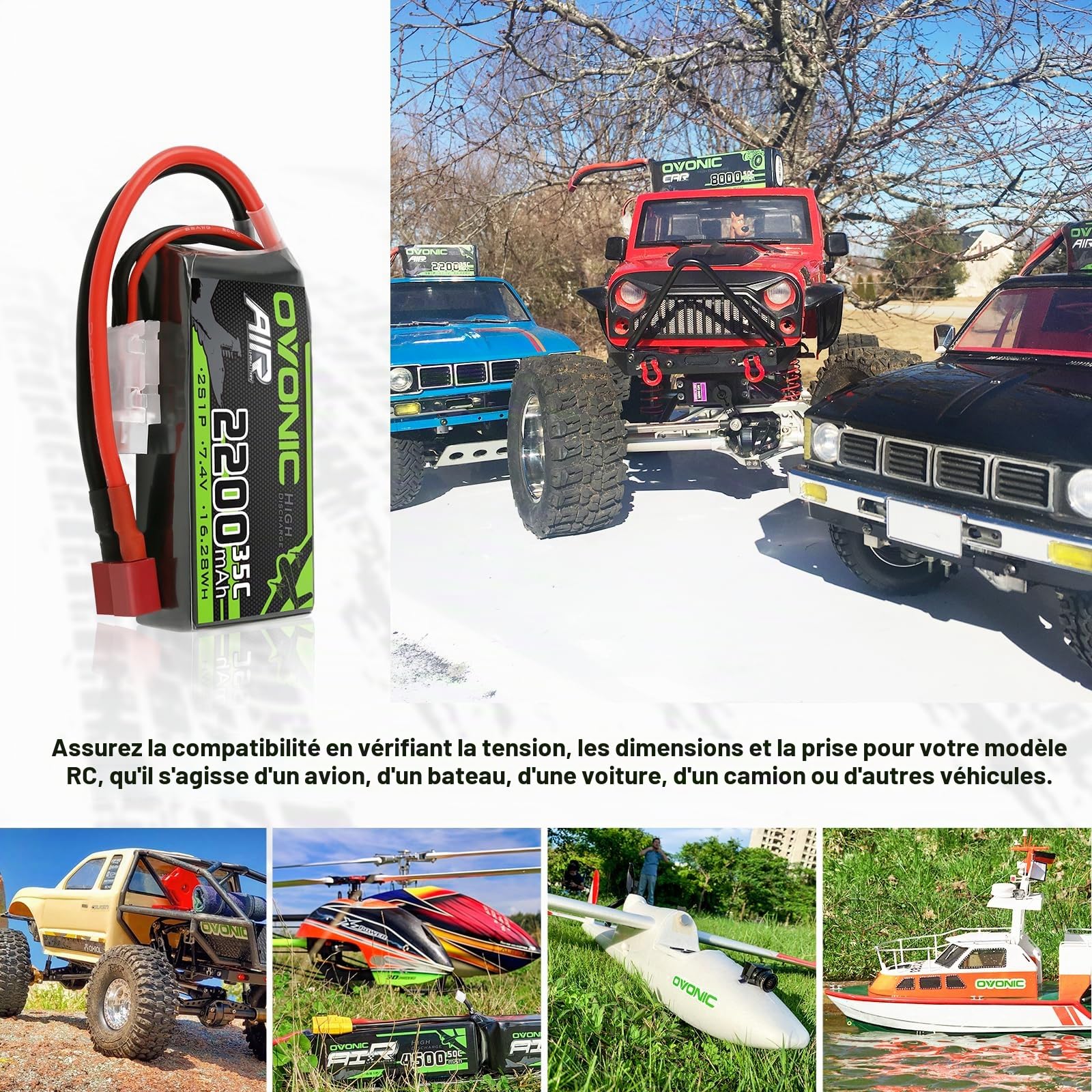 OVONIC Lipo Batterie 2s 35C 2200mAh 7.4V Batterie Courte avec Décans pour RC Heli Avion Quadcopter Voiture Bateau Camion Hélicoptère Multi-Moteur DIY Hobby (2pcs)