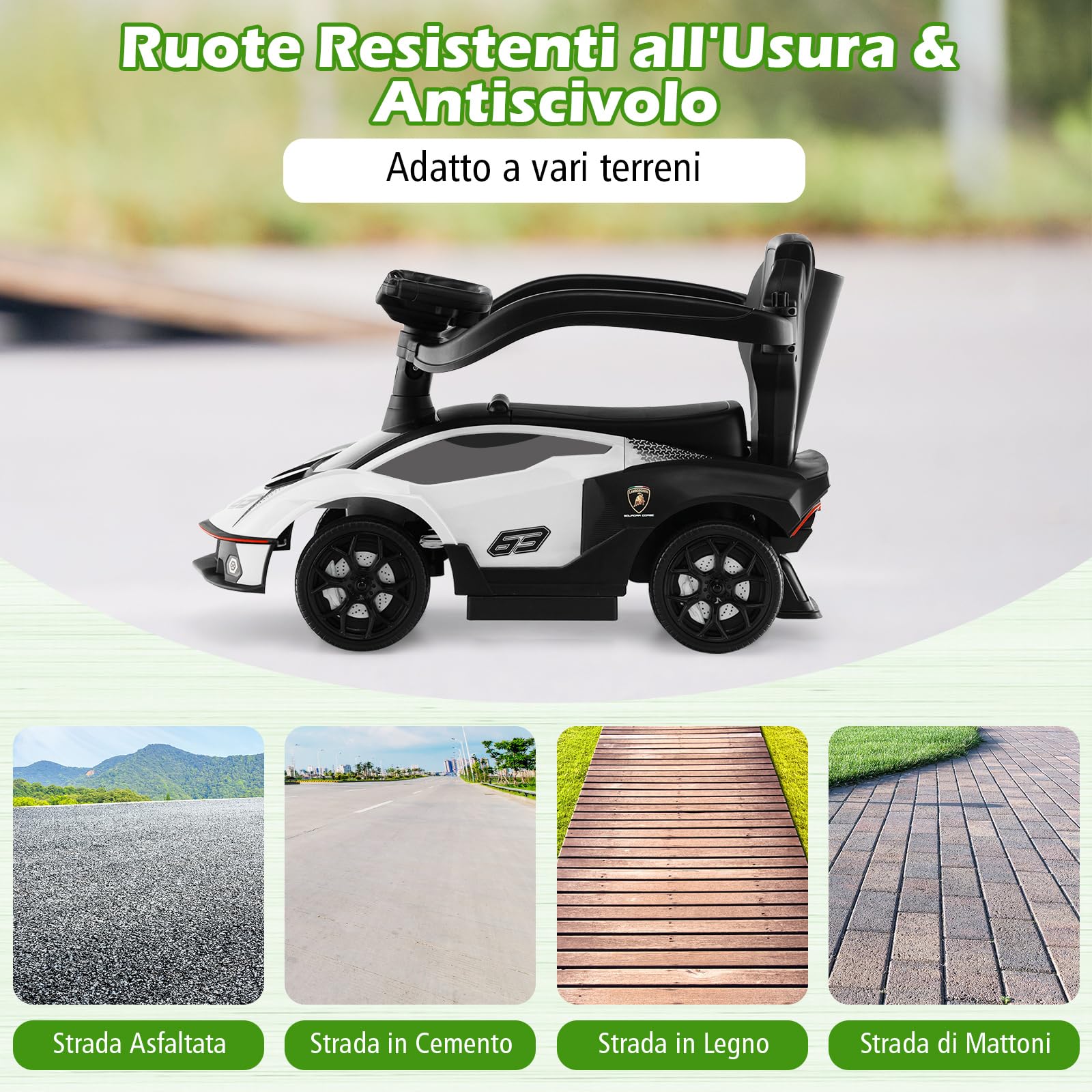 COSTWAY 3 in 1 Lamborghini Auto a Spinta per Bambini, Macchina Cavalcabile con Impugnatura e Scatola di Stoccaggio, Ideale per Bambini 12-36 Mesi (Bianco)