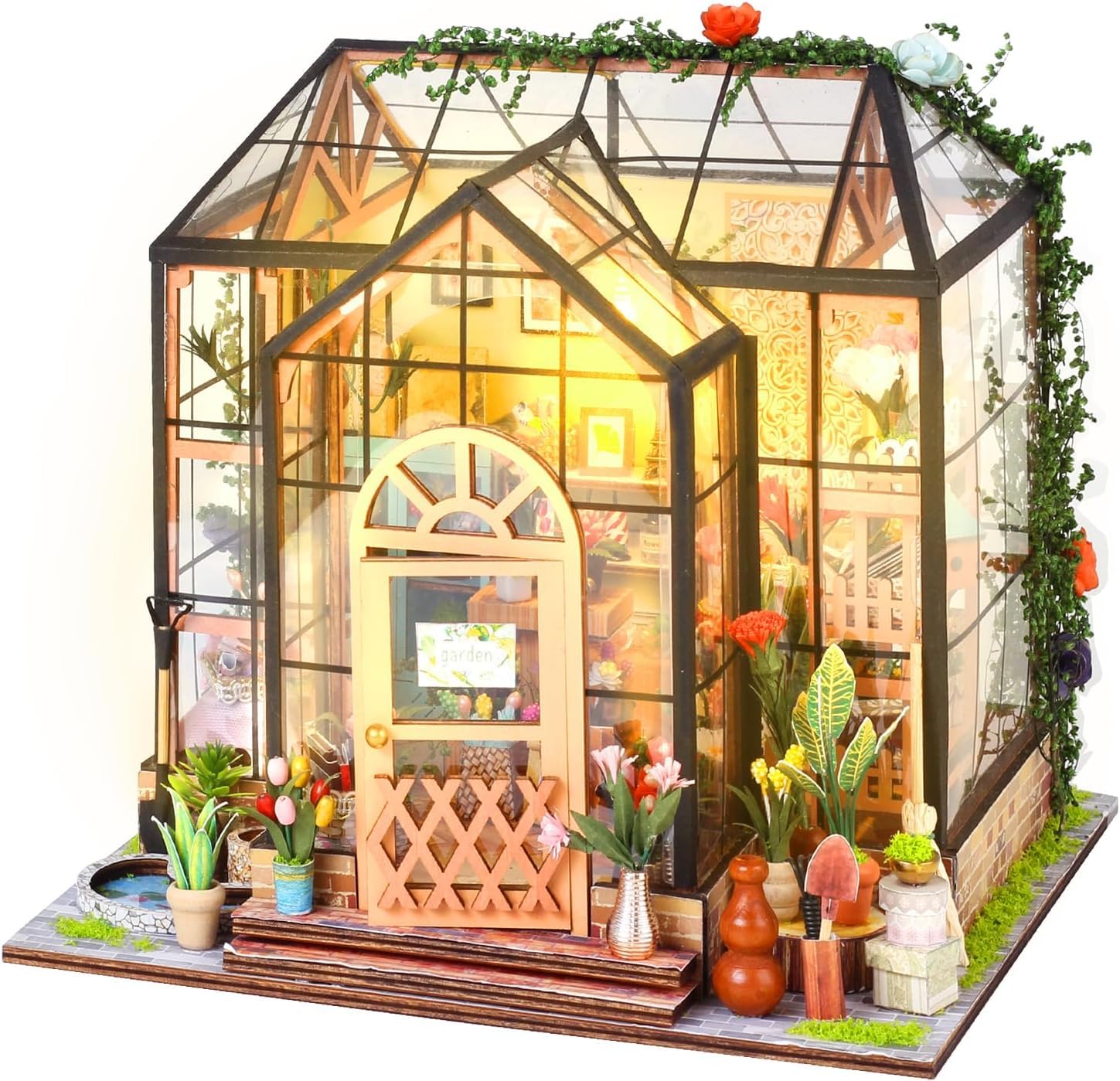 Casa de muñecas en Miniatura DIY con Muebles: Kits de Cocina de Invernadero de Madera con luz, Rompecabezas 3D Mini Modelo de casa de Madera Muebles en Miniatura Diorama Regalos de cumpleaños para | Rompecabezas 3D Mini Modelo con Muebles – Diorama – Rega
