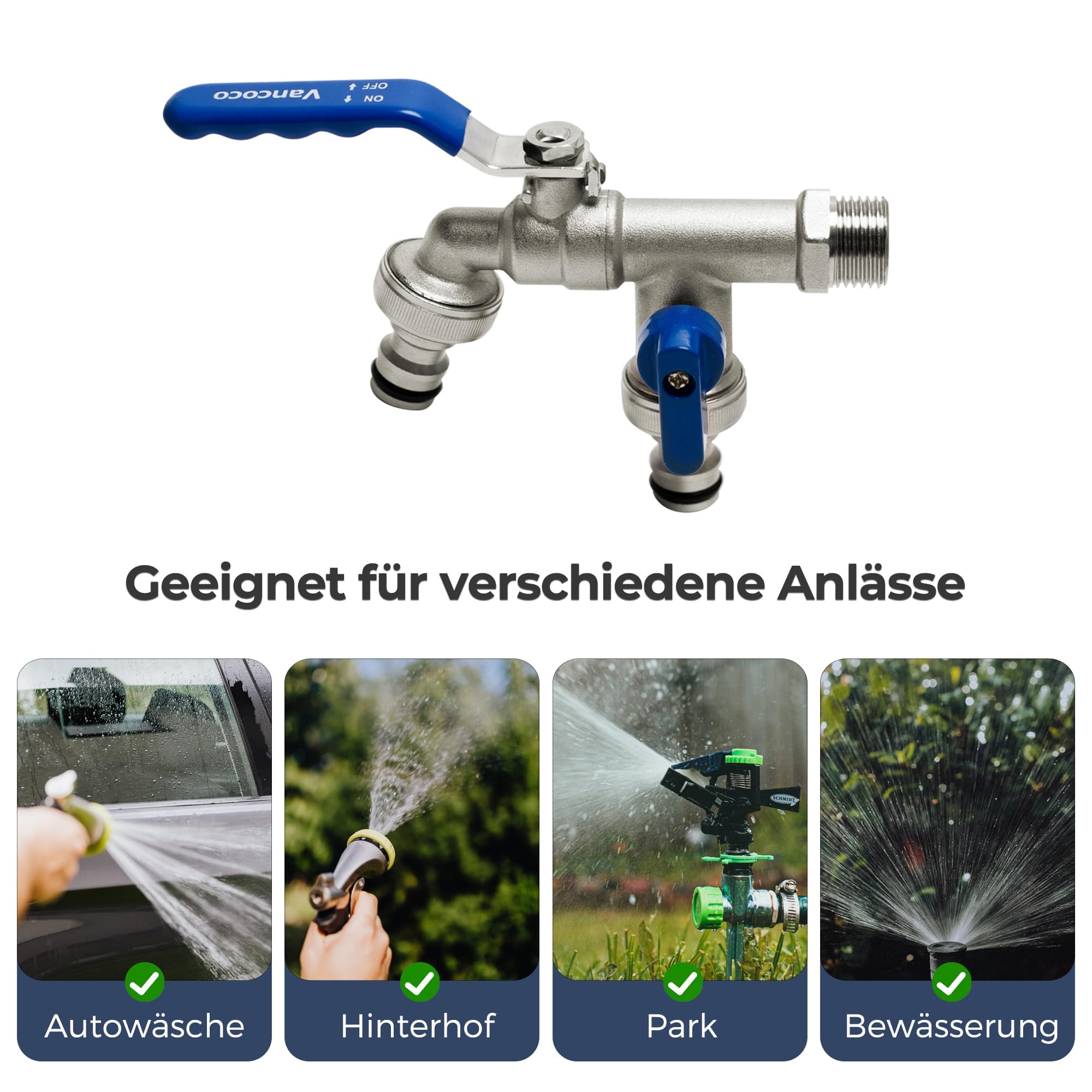 VANCOCO 2 Stk. Doppel Kugelhahn Außen, 1/2 Zoll Anschluss, 2 Schlauchanschlüsse, Dichtband, Gartenwasserhahn für Regentonne & Bewässerungssystem