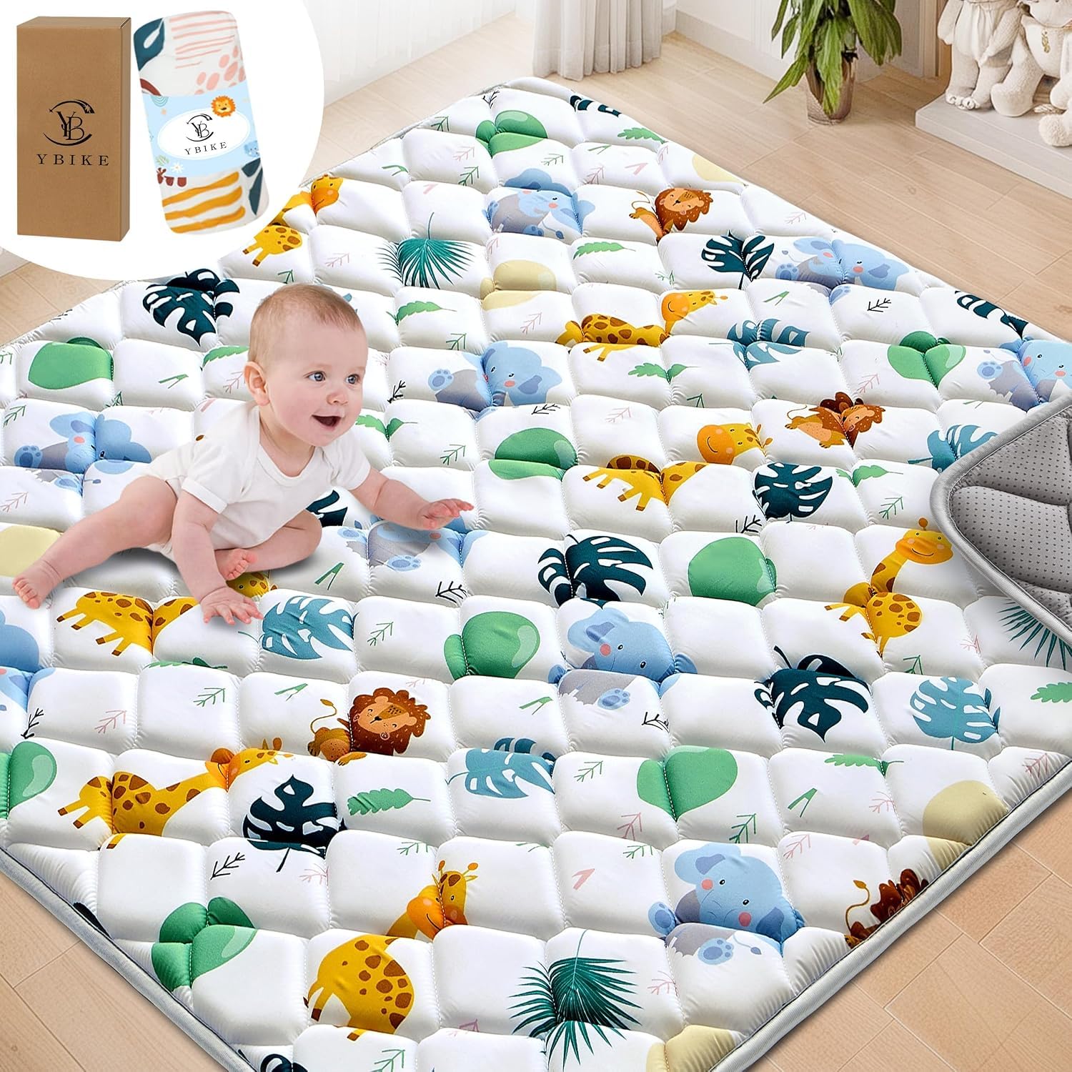 YBIKE Baby Play Mat for Floor, Foldable Large Non-Slip Thick Baby Crawling Mats 150x150cm, Portable Soft Tummy Time Mat, Machine Washable Playmats for Toddler Kids (Animals)