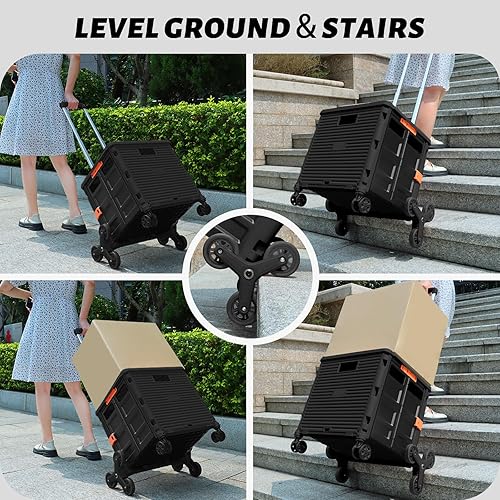 Miniatura 3 de FELICON SELORSS - Carrito plegable portátil con ruedas para subir escaleras y ruedas giratorias de 360, mango telescópico, caja de plástico para