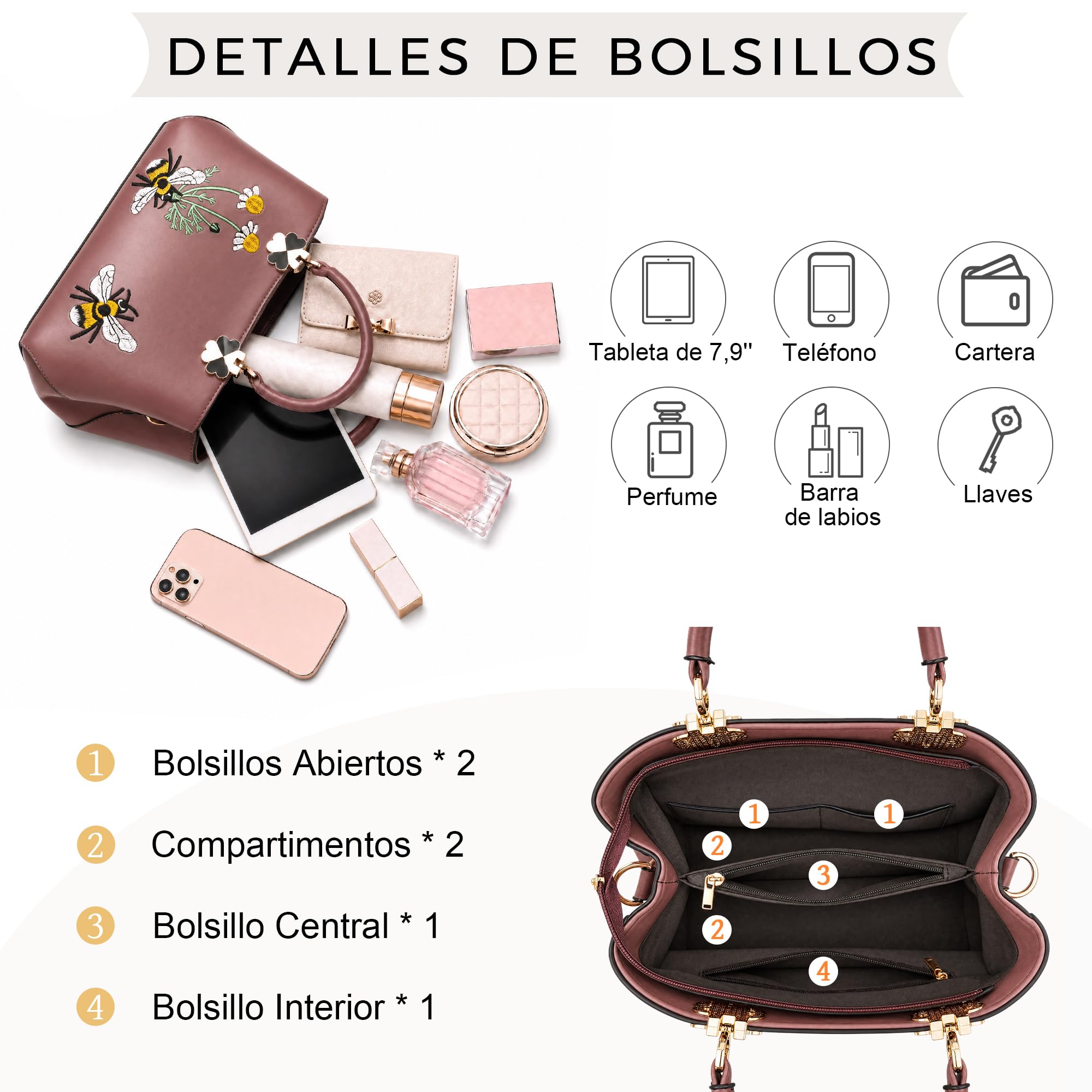 VARLIVOO Elegante Bolsos para Mujer Bolsos de Mano Bolsos Mujer Bolso de Hombro Bordado Totes para Mujer Bolso Señoras Trabajo Viaje Compras PU Cuero Rosa B