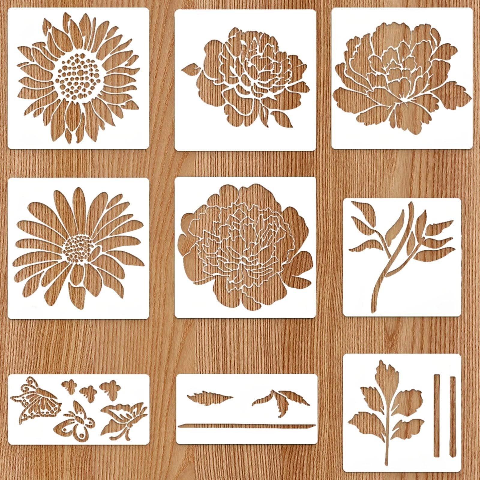 10 pochoirs fleurs pour peinture, grands pochoirs floraux réutilisables, motifs tournesol rose marguerite pour clôture bois, décoration murale, meuble DIY, pochoirs en plastique PET pour la maison