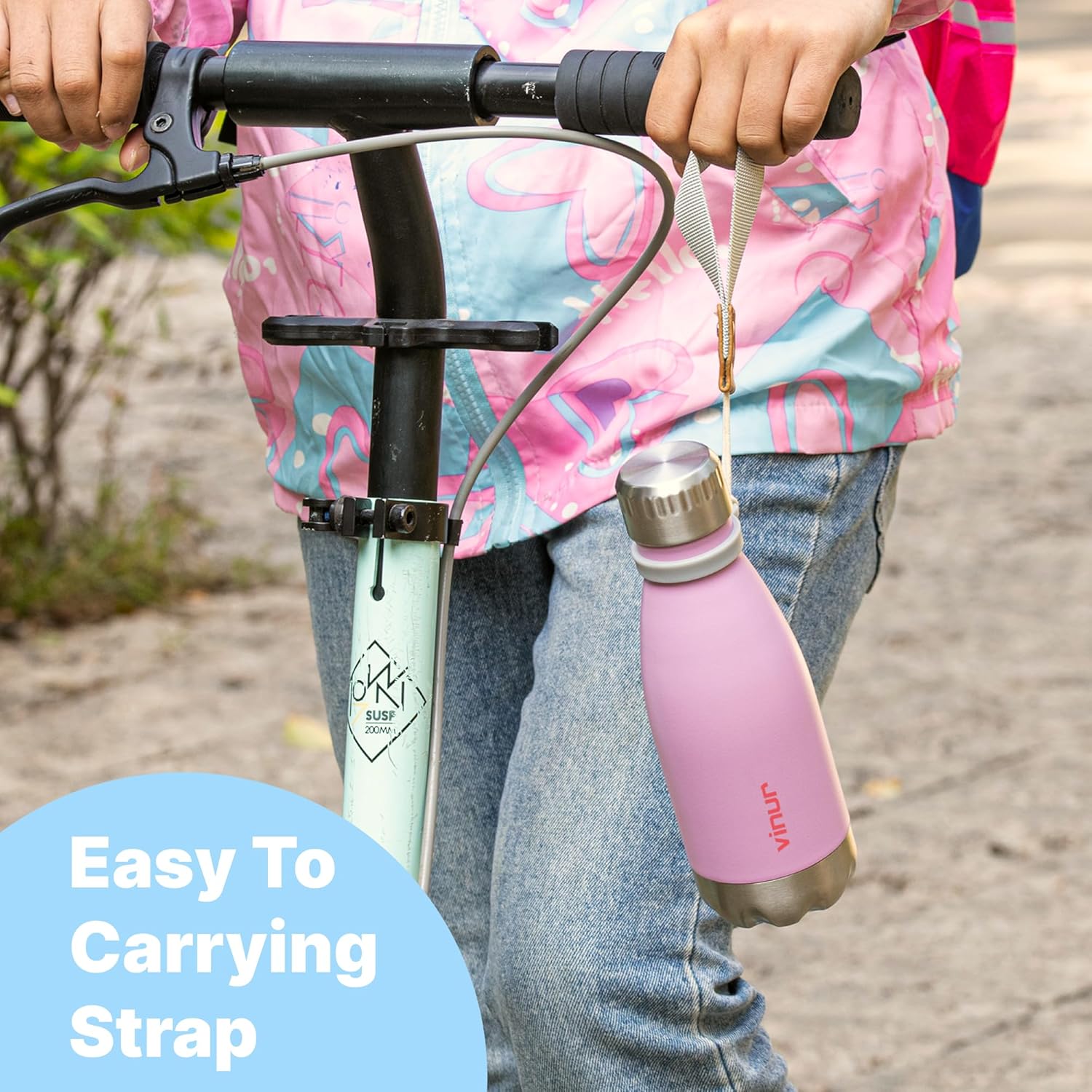 VINUR Kids Leak Proof Water Bottle-9 oz Stainless Steel Double Wall Vacuum Insulated Water Bottle for School-Cola Shape Flask with Carry Rope(Navy) - Image 3