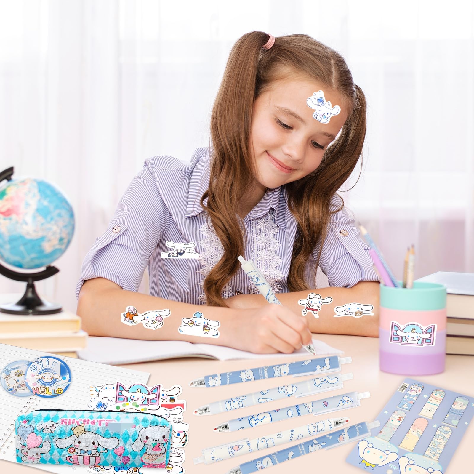 Stationery Set School Supplies Girls- Blue Cartoon Stationary Including Pencil Case Ink Pens Notebook Bookmark Badge Stickers Cute Stationery Supplies Back to School Gift for School Season Boys Kids - Image 4