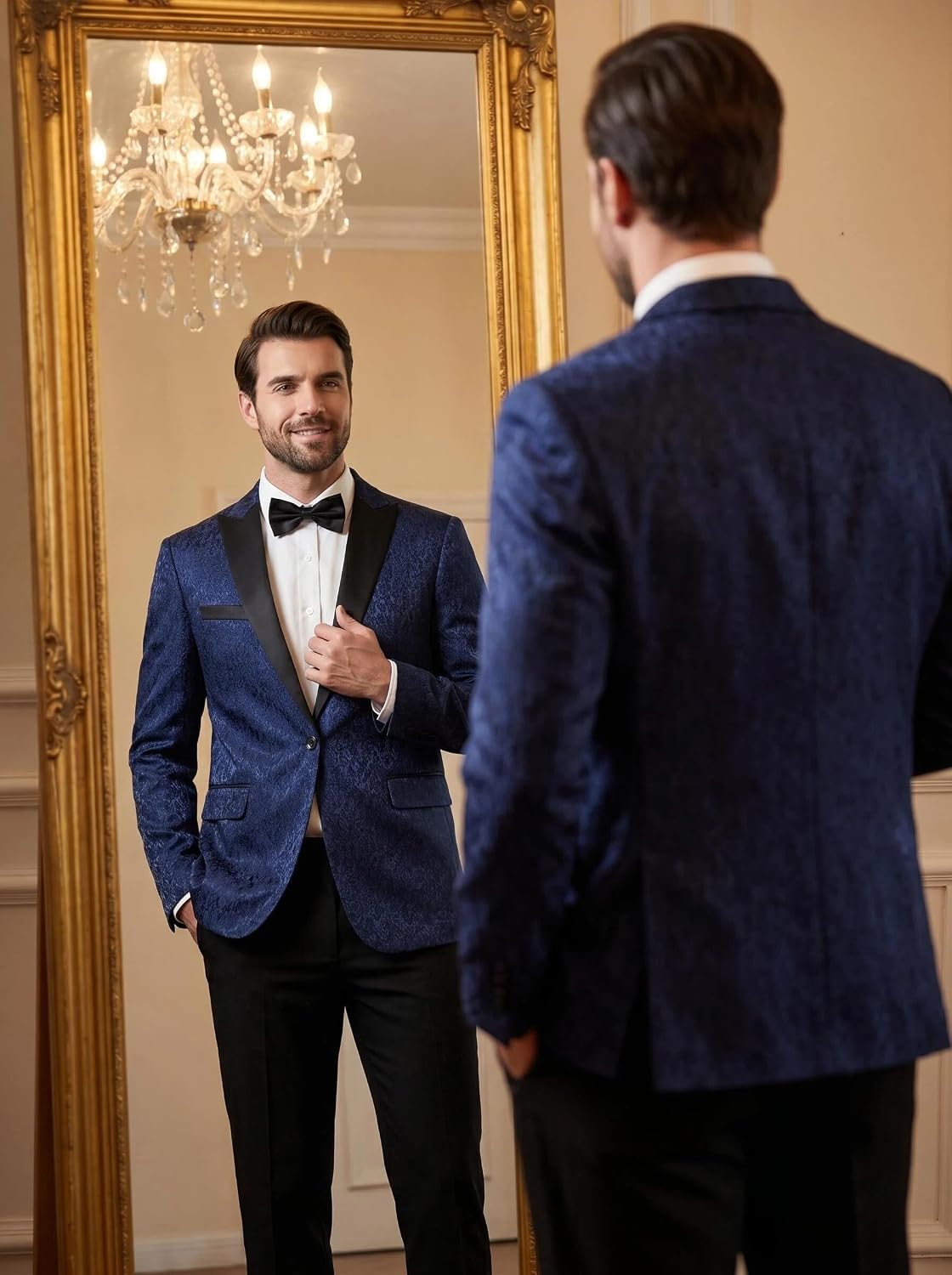 Men's Suit 2 Piece Set Floral Jacquard Tuxedo, Slim Fit Formal Blazer Jacket & Pants for Prom Banquet Wedding Dinner Party