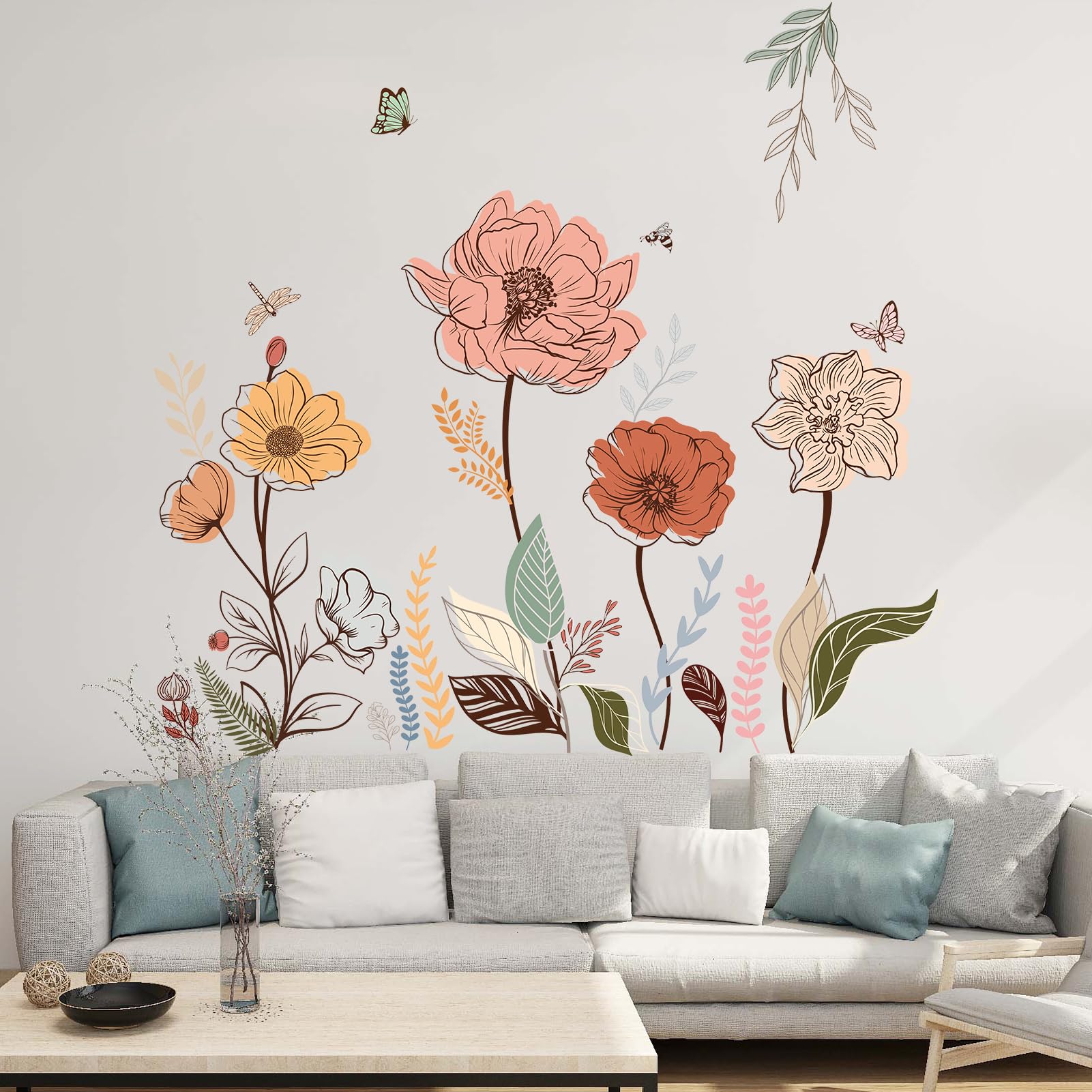 Boho Flower Wall Stickers for Bedroom: Peel and Stick Wildflower Floral Butterfly Wall Stickers - Image 2