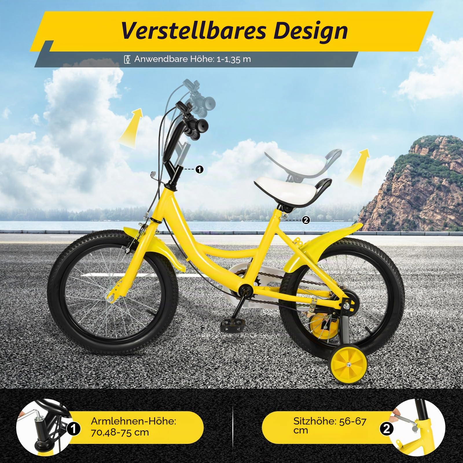 Freestyle Kids Bike 16 Inch Sports Bike for Boys Girls Aged 5-8 Years (gelb)