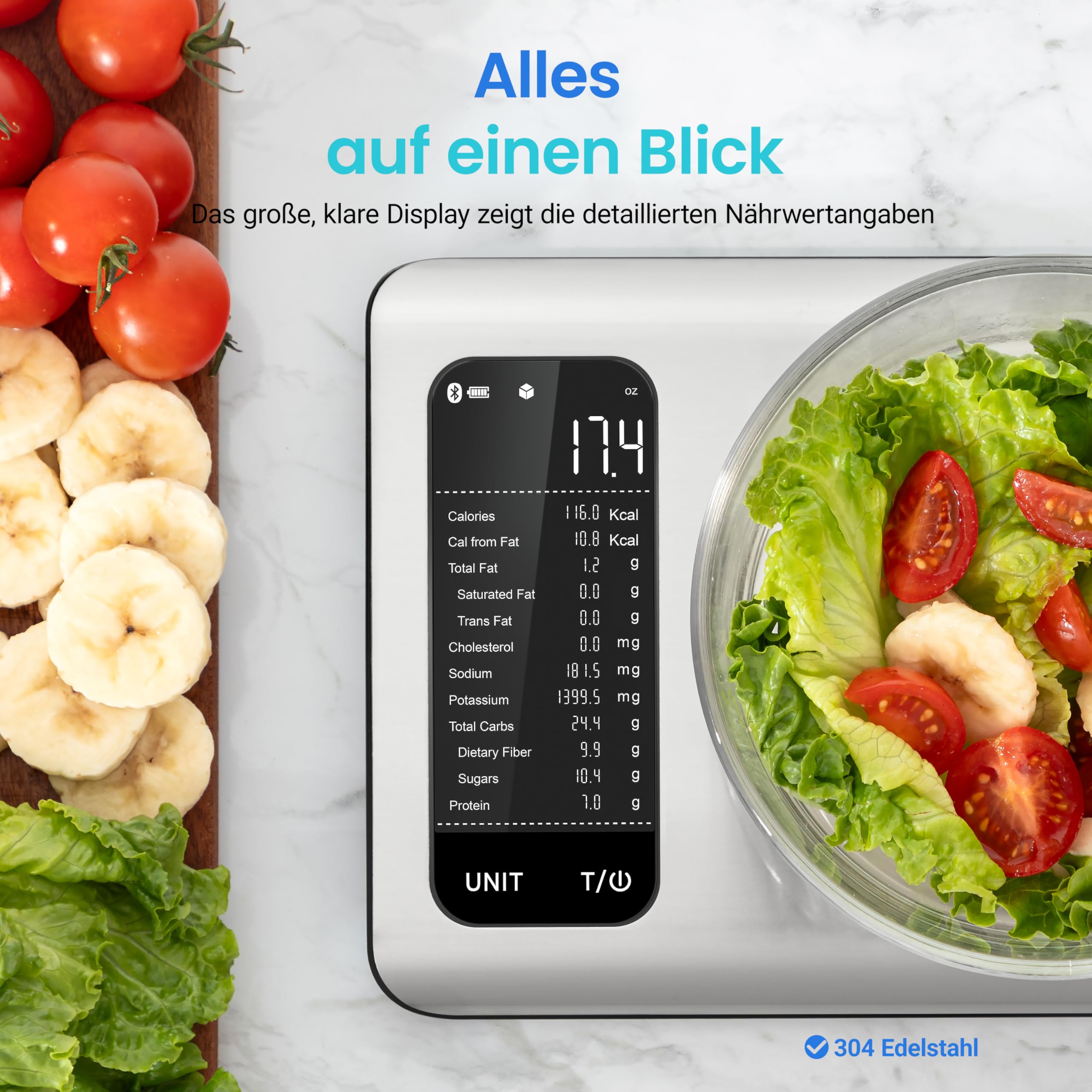 Cosori Küchenwaage digital mit Nährwertberechnung, Edelstahl, 5KG-1g, Silber