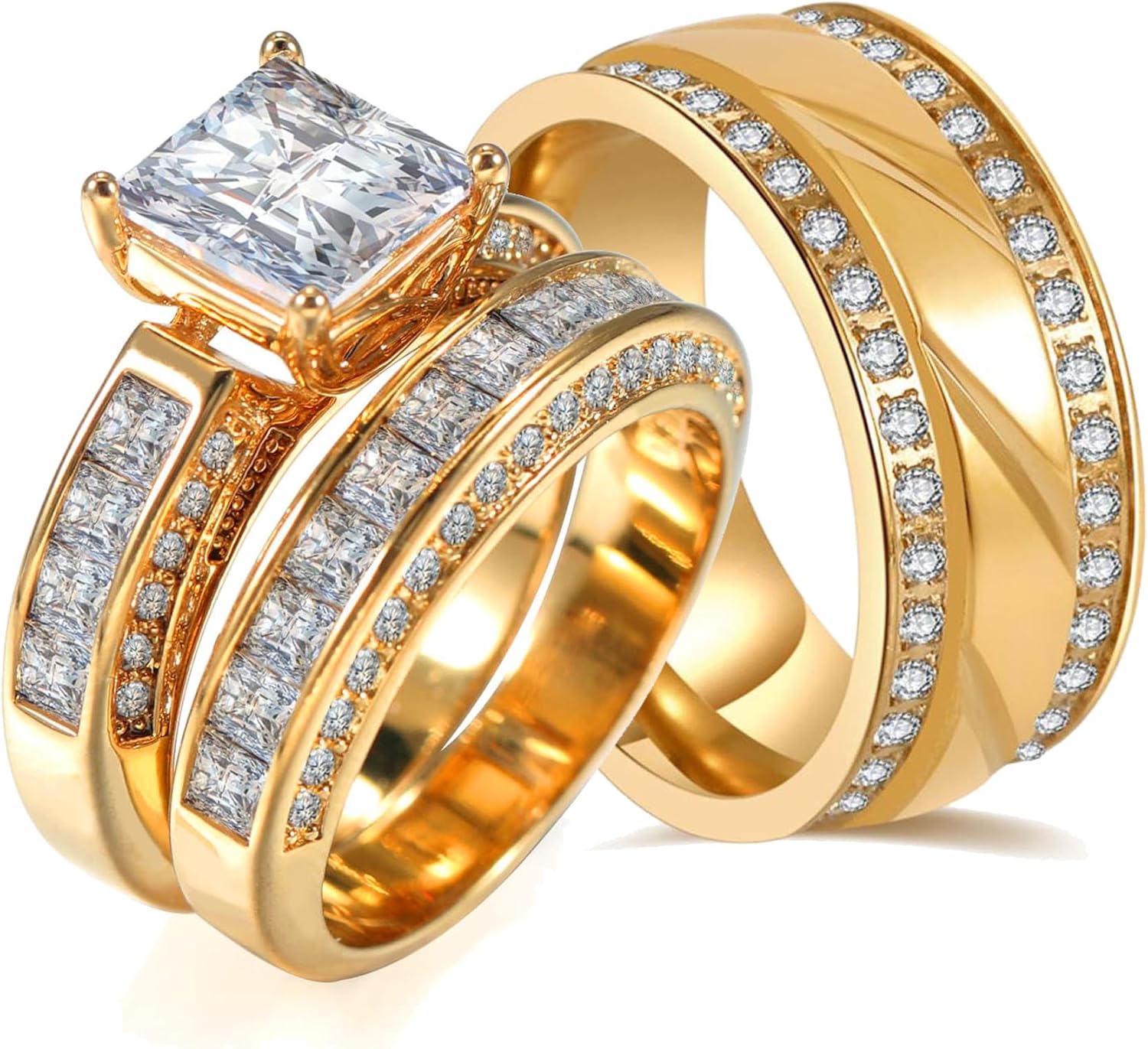 Couple Rings Yellow Gold Plated 1.5CT Square AAA CZ Wedding Ring Set for Him and Her Matching Rings