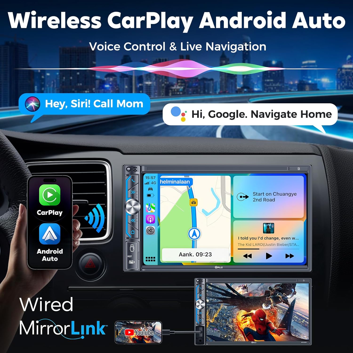 PLZ 7" Wireless Apple CarPlay & Android Auto Double Din Car Radio | Bluetooth 5.3 Touch Screen Receiver | Hands-Free Calling | Backup Camera & Steering Wheel Control