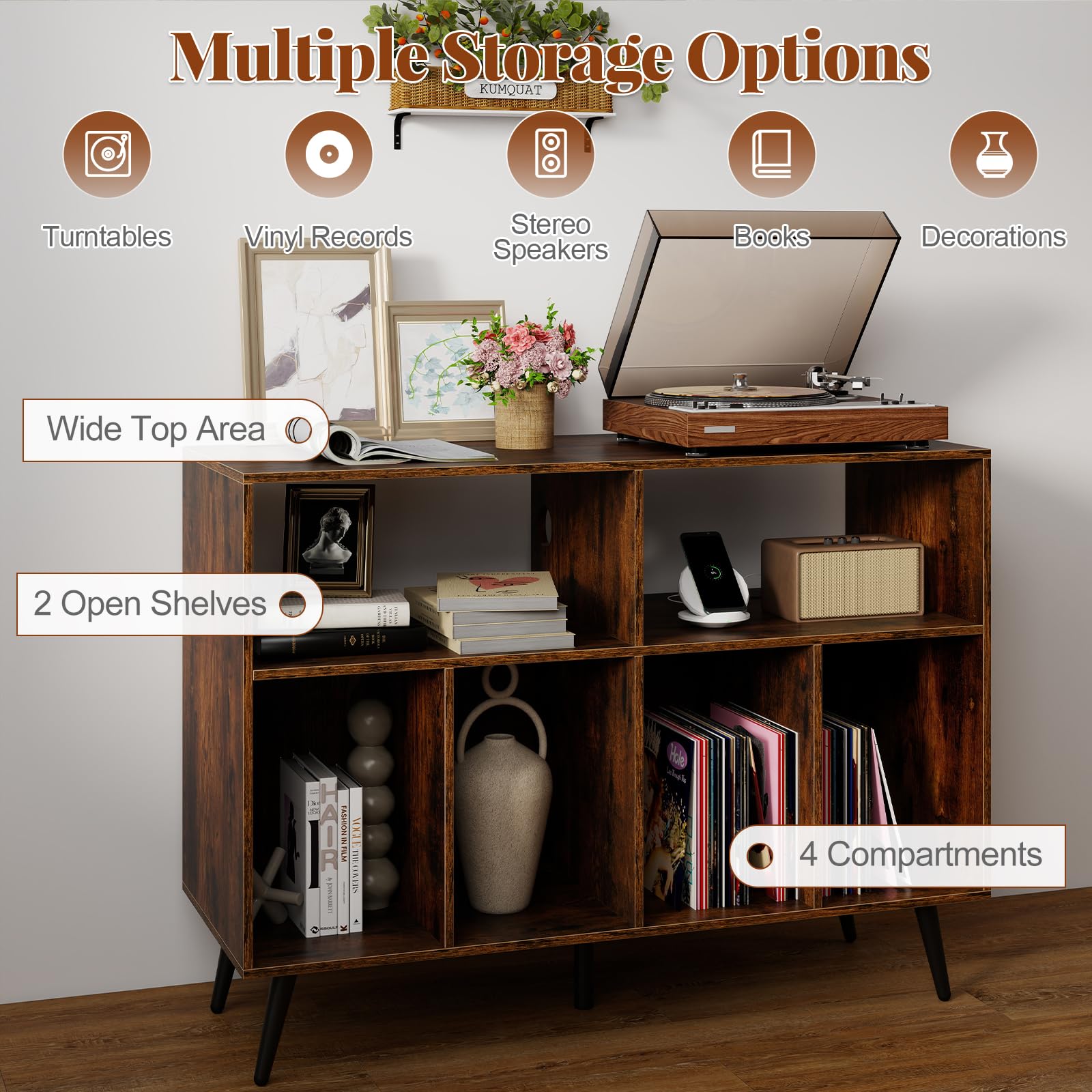 KOMFOTTEU Meuble Platine Vinyle à 3 Niveaux, Support de Tourne-Disque avec 4 Compartiments & 2 Étagères Ouvertes, Meuble Tourne-Disque, 100 x 40 x 74,5 cm (Marron, avec Station de Recharge)