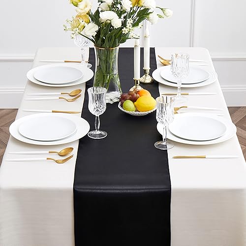 Miniatura 2 de 12 caminos de mesa de satén negro de 12 x 108 pulgadas, elegante y suave, decoración de mesa de tela sedosa para decoración de boda, banquete de