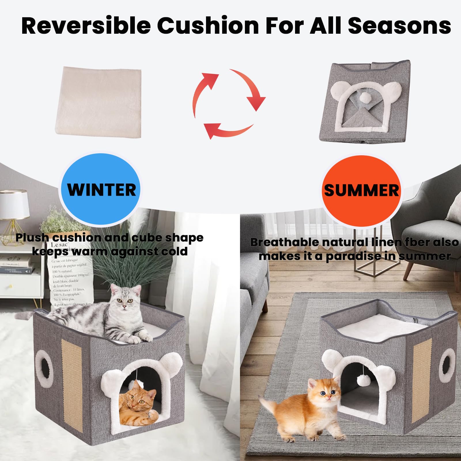 سرير قطط للقطط في الاماكن المغلقة، منزل قطط مكعب متعدد الوظائف مع لوح خدش للقطط وكرة منفوشة، سرير قطط كبير قابل للطي، 40 × 40 × 39 سم (رمادي)