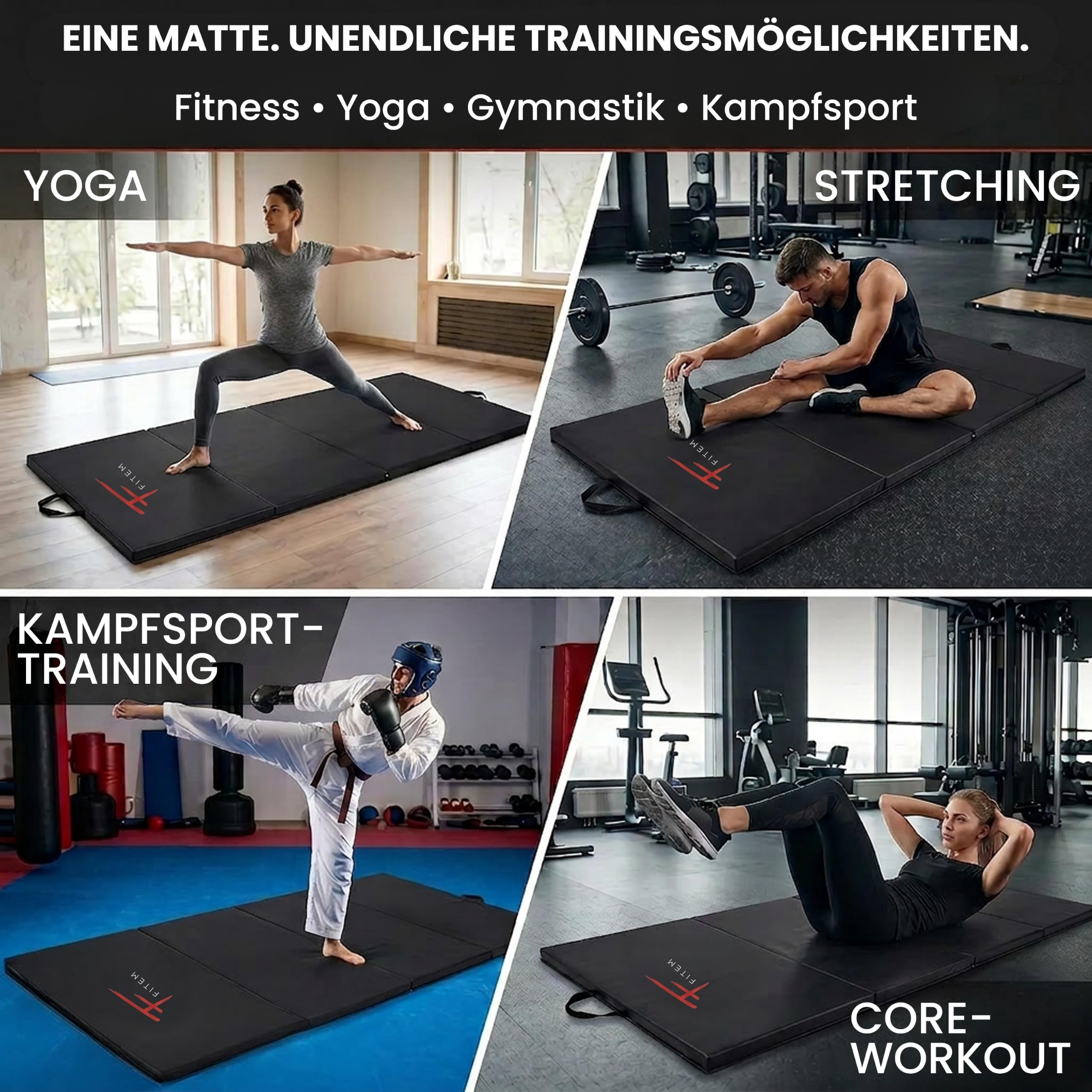 Fitem Fitnessmatten, faltbar, dick, Maße 240 x 120 x 4 cm oder 180 x 60 x 4 cm, mit Transportgriffen, für Gym, Yoga, MMA, Sport, Gymnastik, Fitness, Pilates, Muskeltraining