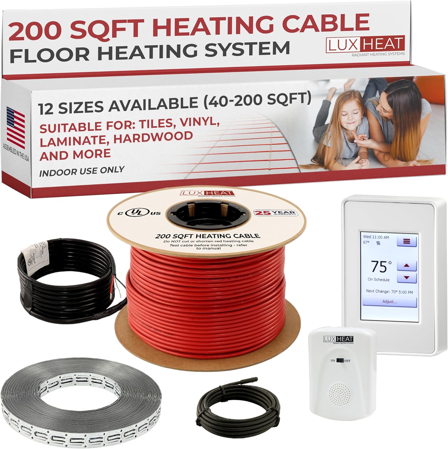 LuxHeat 200sqft Floor Heating Cable Kit - 240v Infloor Heat Kit for Tile - Heated Flooring System Includes UDG4 Programmable Thermostat w/GFCI, Heating Cable, Strapping, Floor Sensor & Alarm