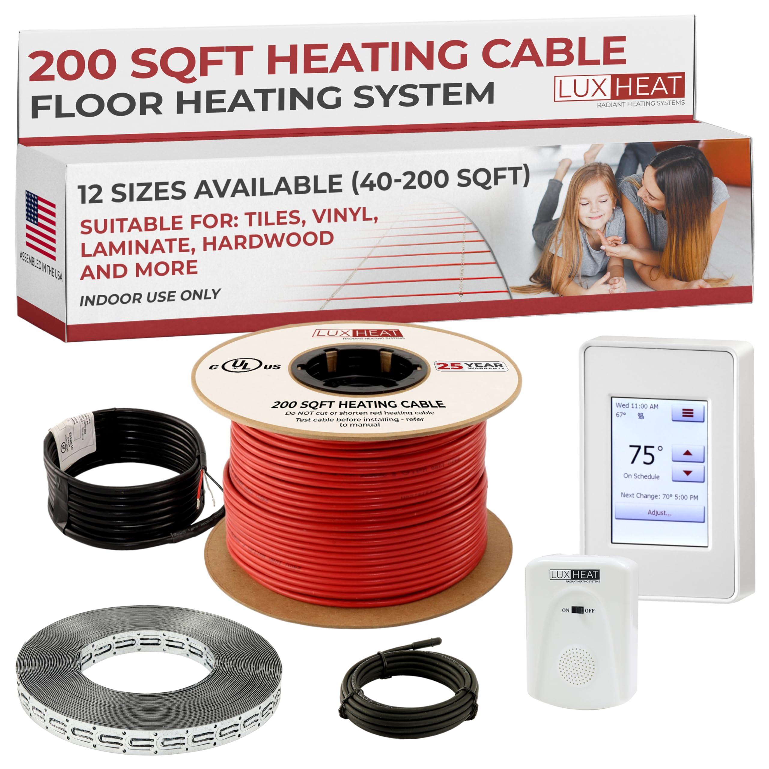 LuxHeat 200sqft Floor Heating Cable Kit - 240v Infloor Heat Kit for Tile - Heated Flooring System Includes UDG4 Programmable Thermostat w/GFCI, Heating Cable, Strapping, Floor Sensor & Alarm