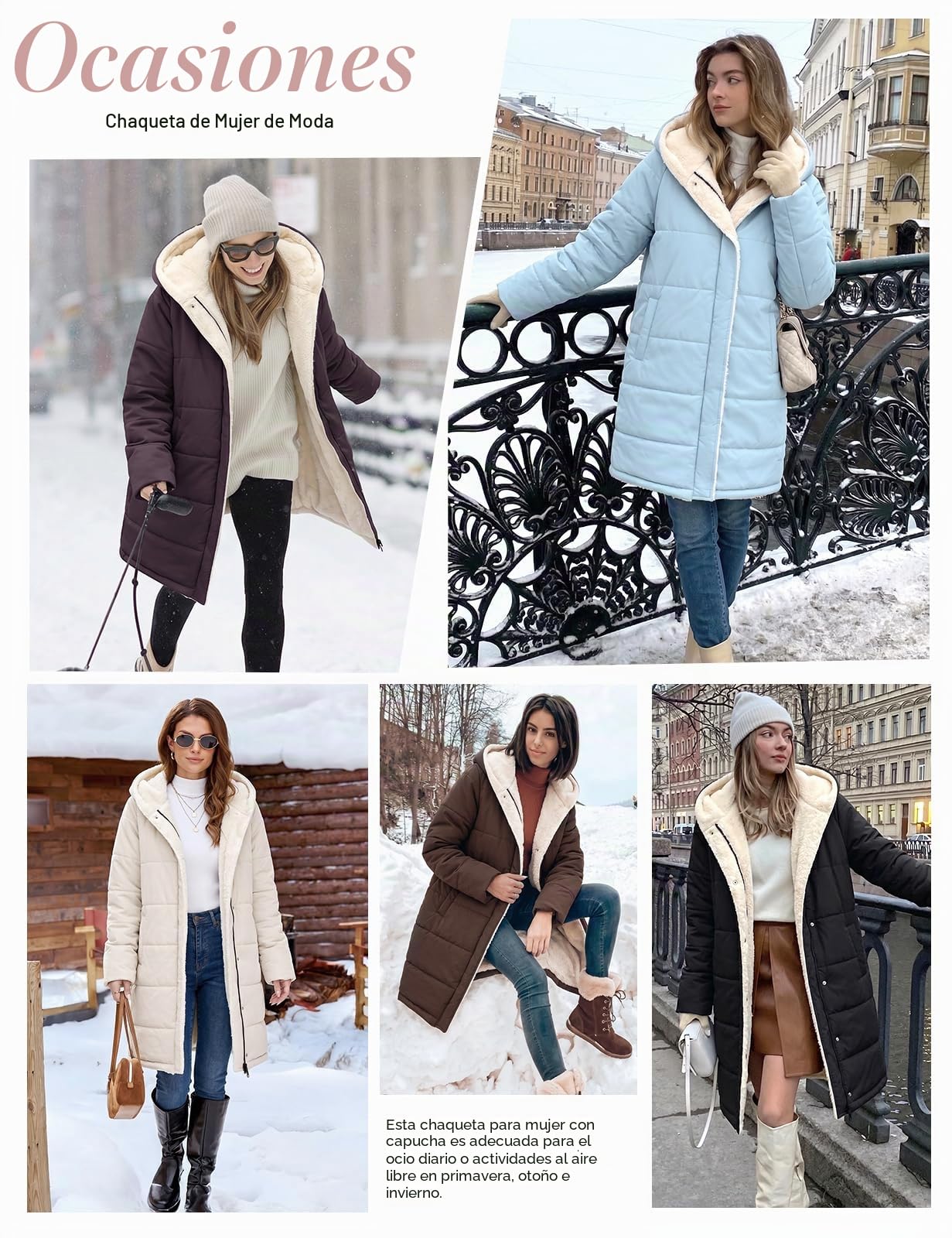 CMTOP Chaqueta Mujer Invierno Largo Forro Polar Cálido Abrigo Repelente al Agua Termica Parka Elegantes Clásica Chaqueta Acolchada, Gruesa Jacket con Bolsillos y Capucha